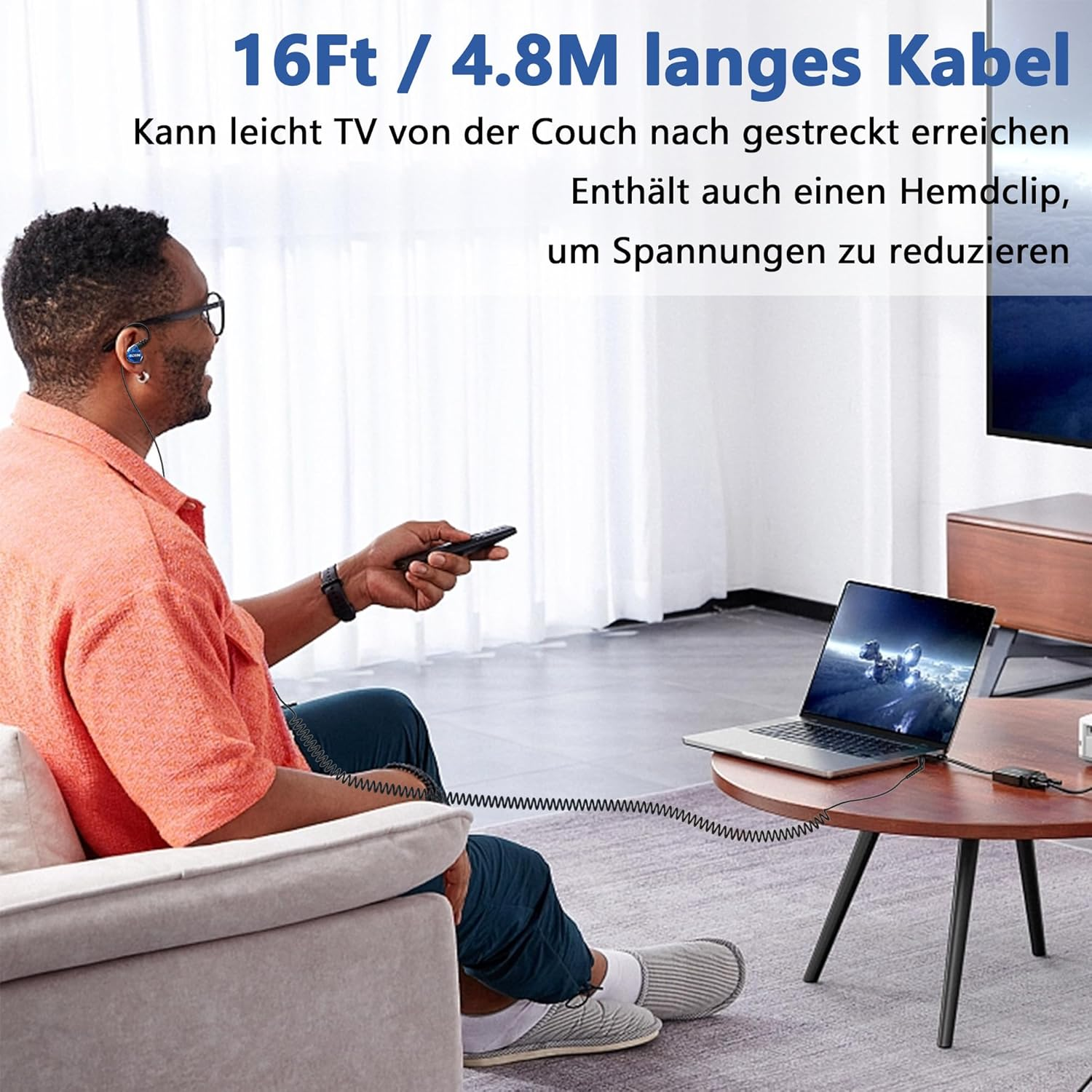 MOXKING Headphones for TV with Long Cable Earphones, 16 Ft / 4.8 M Extension Cable Headphones for PC, 3.5 Mm Audio Output (Blue) image number 4