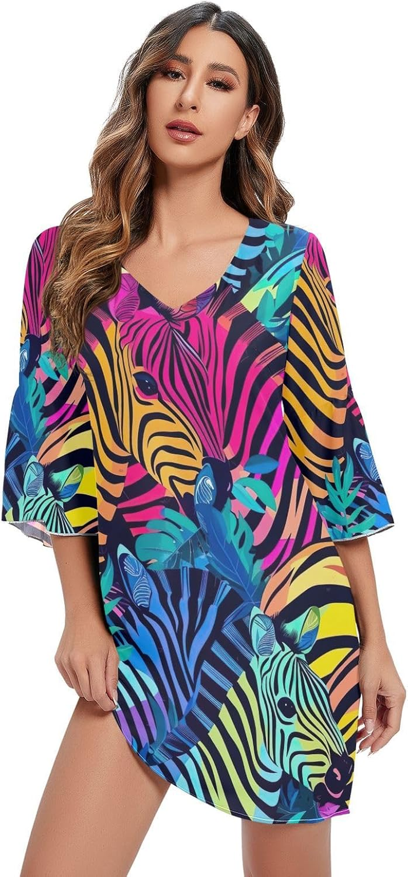 Retro Neon Zebra Casual Dress Printed Chiffon Line Maternity Dress image number 2