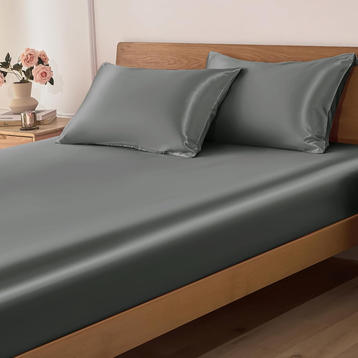 VACVELT 3-Piece Satin Fitted Sheet Set King Size, Grey Bottom Bed Sheet with 2 Pillowcases, Similar to Silk Sheets, Luxury & Silky Bedding Set, 15 Inch Deep Pocket image number 7