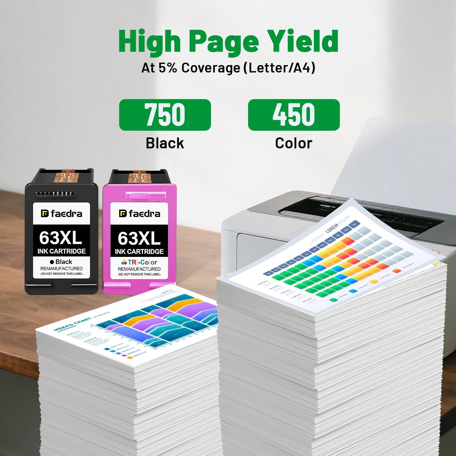 Faedra 63XL Ink Cartridges Remanufactured for HP 63 XL Combo Pack for HP Officejet 4600 5200 3830 3833 4650 Deskjet 2100 3600 1112 2130 Envy 4500 4520 4522 4516 Ink (1Black 1Color) image number 2