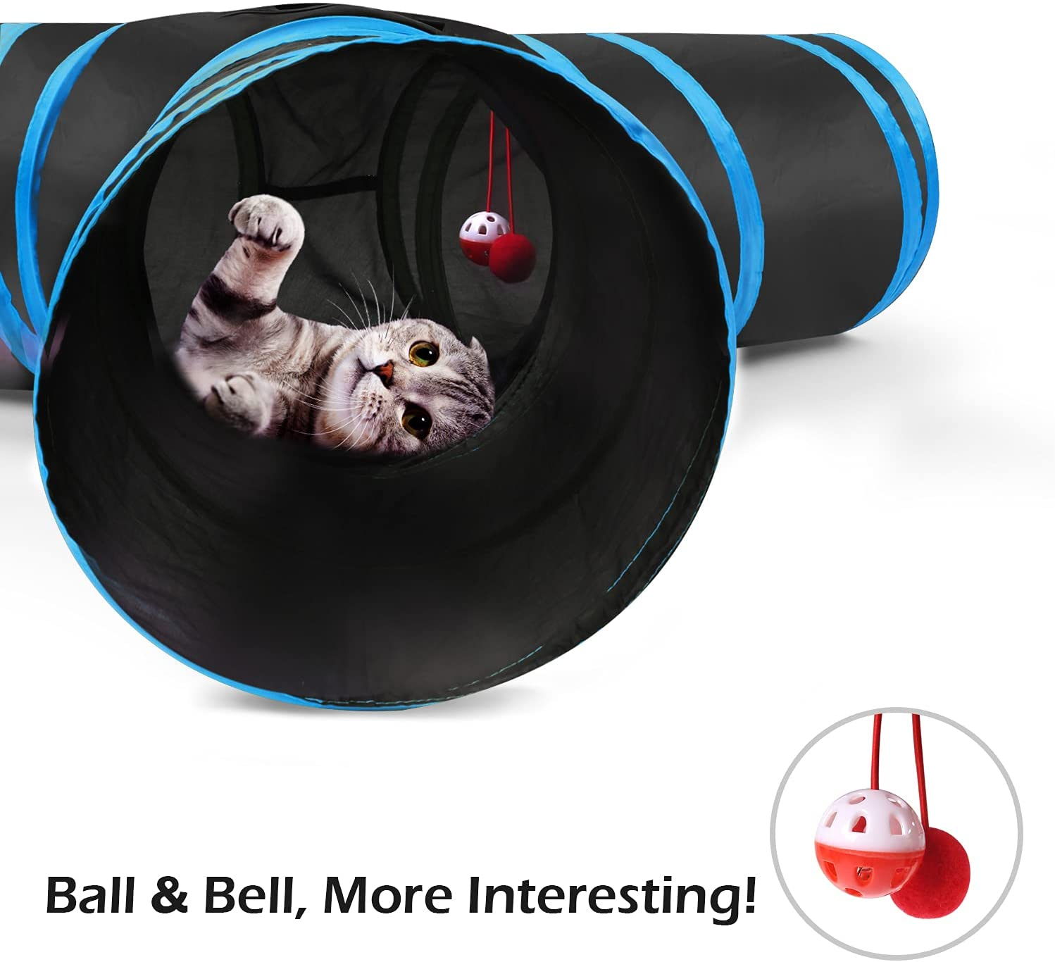 Pawaboo Cat Tunnel, Premium 3 Way Tunnels Extensible Collapsible Cat Play Tunnel Toy Maze Cat House with Pompon and Bells for Cat Puppy Kitten Rabbit, Black & Light Blue image number 4