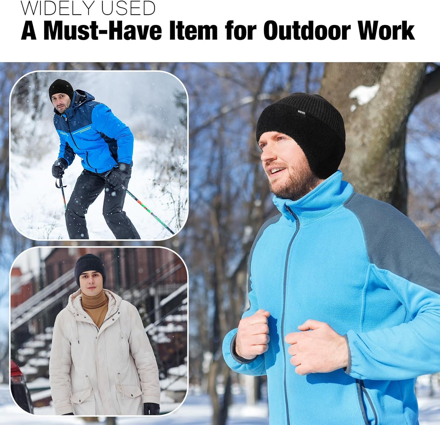 Wmcaps Winter Fleece Line Beanie with Earflap for Men Women, Outdoor Warm Thermal Knitted Hat Stocking Caps image number 3