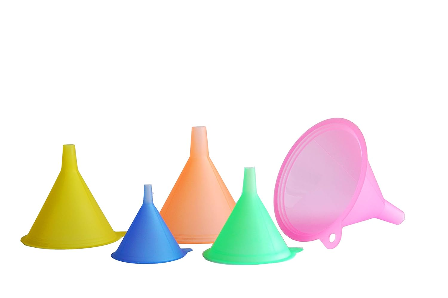 Mirenlife 5 Sizes Candy Colors Plastic Funnel Set for General Purpose, Lab Car Kitchen Home Tools, Liquids Dry Goods