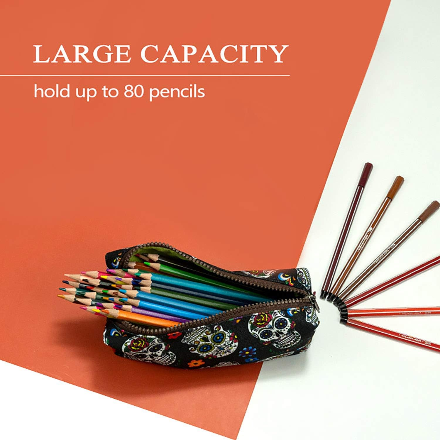 Lparkin Sugar Skull Pencil Case Super Large Capacity Canvas Pen Bag Pouch Stationary Case Makeup Cosmetic Bag Gadget Box image number 1