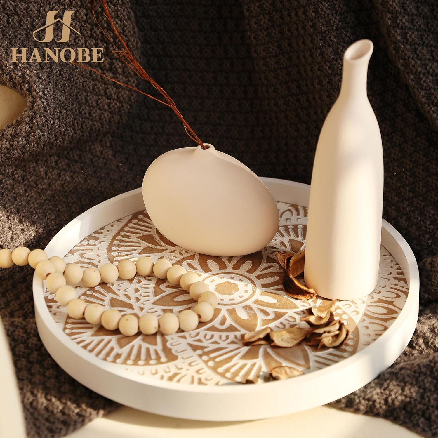 Hanobe round Wood Decorative Tray: Rustic Coffee Table Tray Farmhouse Tray Decor White Washed Centerpiece Wooden Serving Trays Rounded Tray for Kitchen Counter Boho Ottoman Tray for Home image number 3