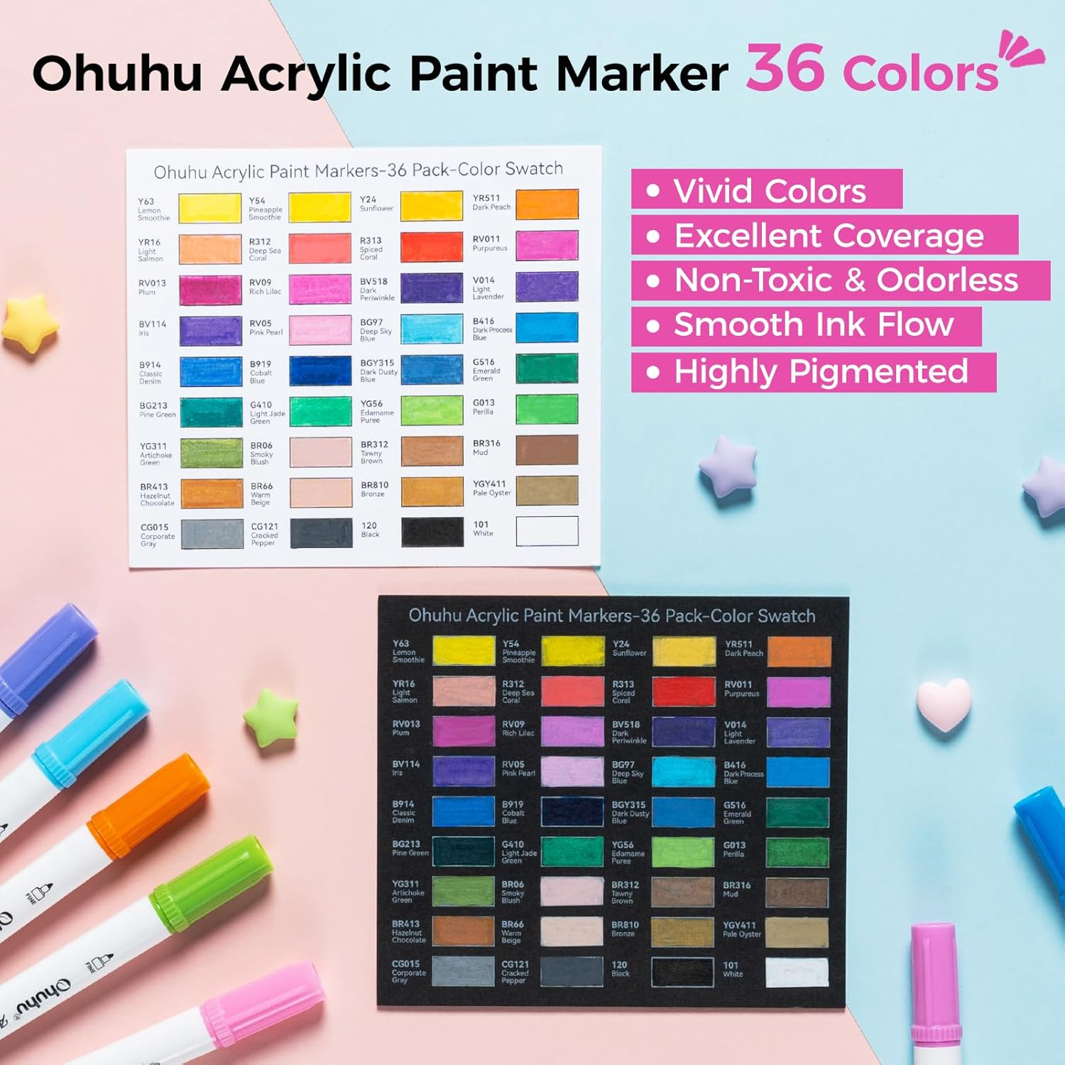 Ohuhu Acrylic Paint Markers Cotton-Core: 36 Colours Dual Tips (Brush & Dot) Paint Pens High Opacity Acrylic Markers Waterproof Lightfast for Rock Painting Easter Eggs Wood Glass Ceramic Canvas image number 1