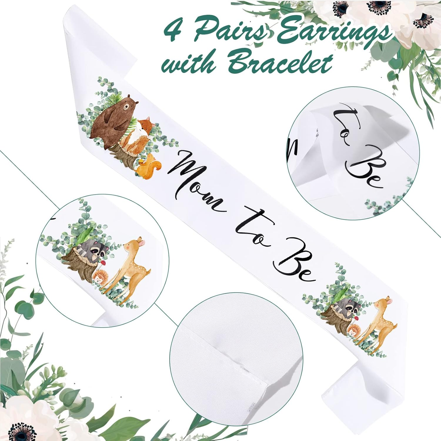 Xinnun 4-Piece Woodland Animal Themed Mom to Be Sash Kit with Sage Green Leaf Flowers Crown, Dad & Mom Badges for Baby Shower Party Favors & Gender Reveal - Pink,Sage image number 4