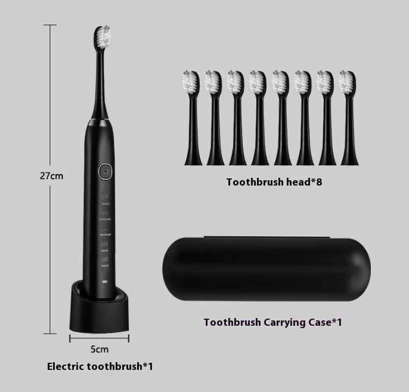 Sonic Electric Toothbrush, Travel Electric Toothbrush for Adults, IPX7 Rechargeable Oral Toothbrushes with 8 Brush Heads and Travel Case, 5 Modes with 2 Minutes Built in Smart Timer (Black) - White image number 7