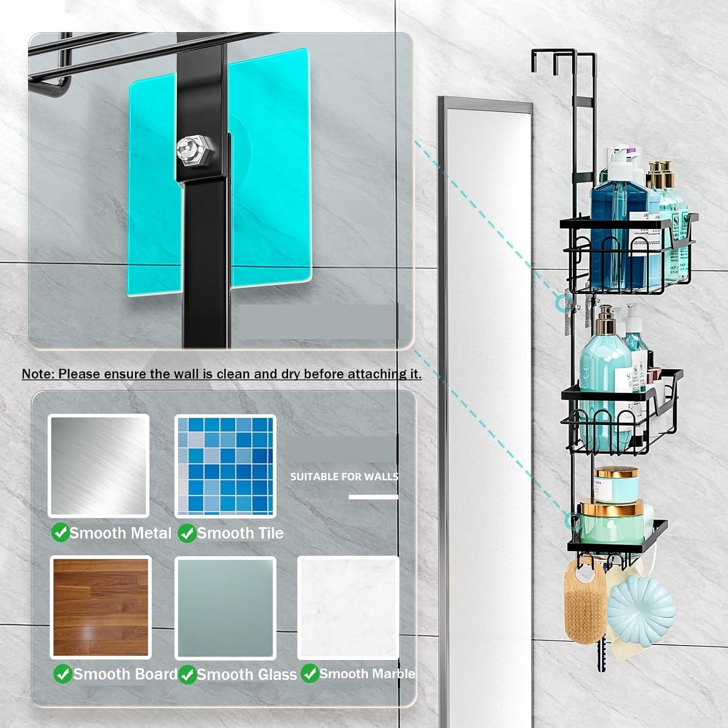 POPULUSL over the Door Shower Caddy, 3 Tier No Drilling Shower Storage with Hooks for Razor and Sponge, Rustproof Bathroom Shower Storage Rack Basket, Easy to Install image number 4