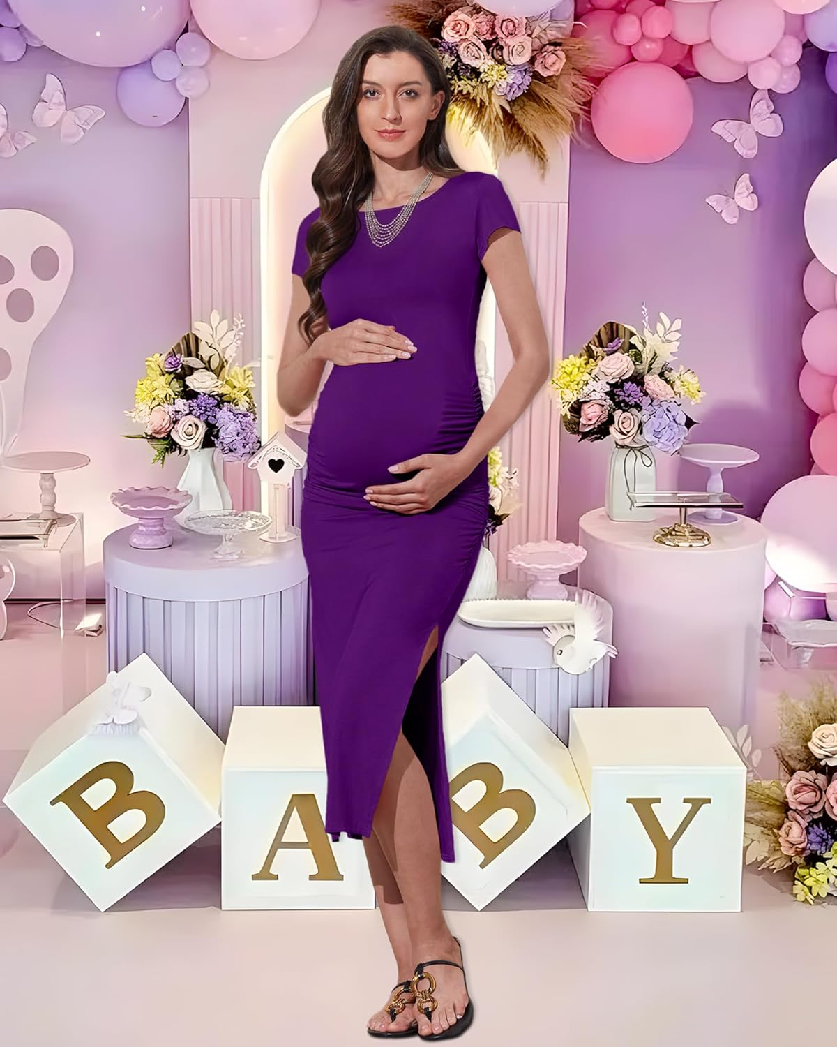 Women'S Maternity Ruched Bodycon Dresses Short Sleeve Split Maternity Dresses Baby Shower Pregnancy Photoshoot