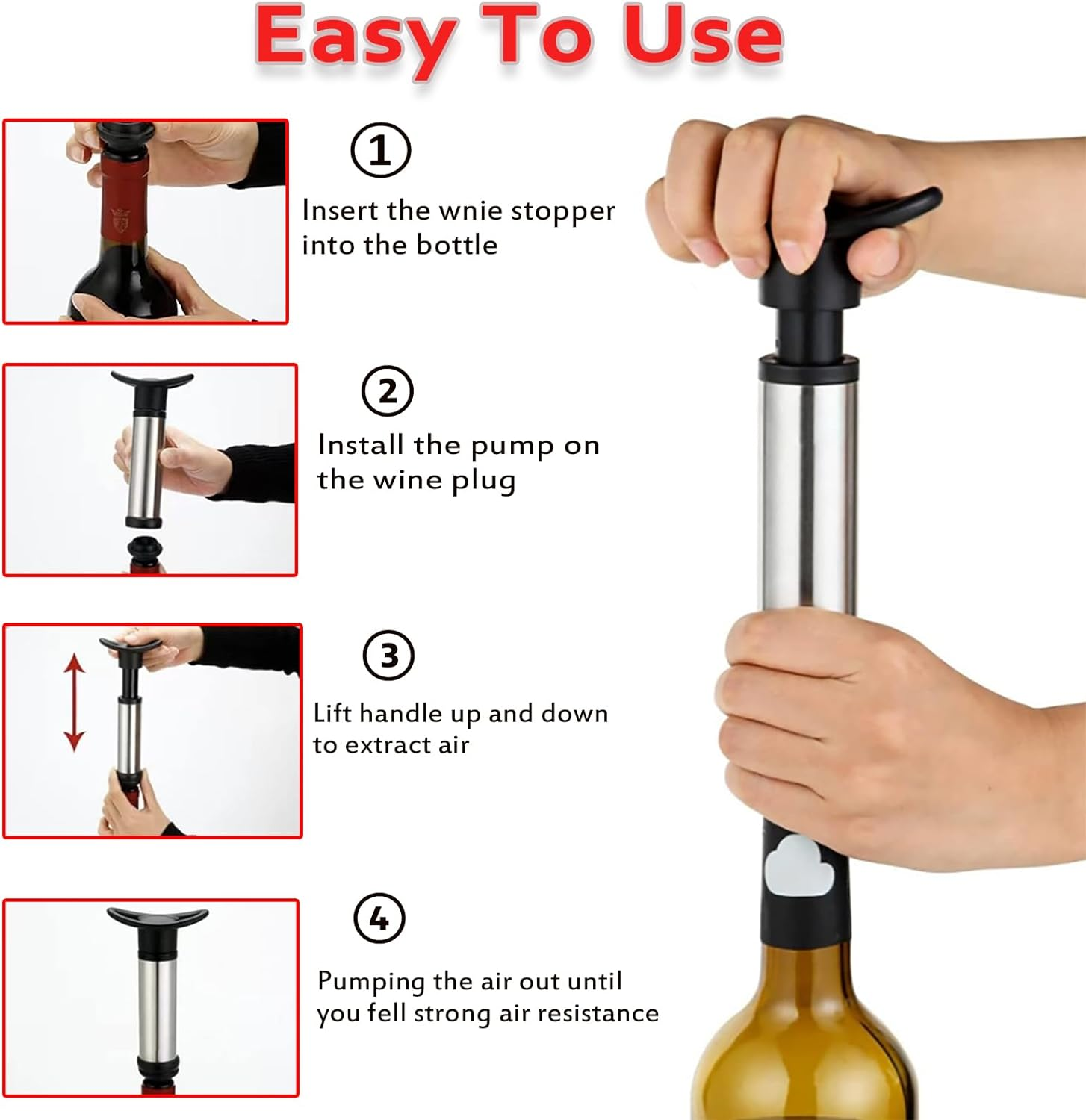 Shgarden Wine Pump Preserver Saver Kit Wine Stoppers Set Wine Saver with 4 Vacuum Stoppers Wine Vacuum Pump & 4 Silicone Wine Bottle Stoppers Vacuum Sealed Wine Plug for Home Kitchen Bar SH0009 image number 3