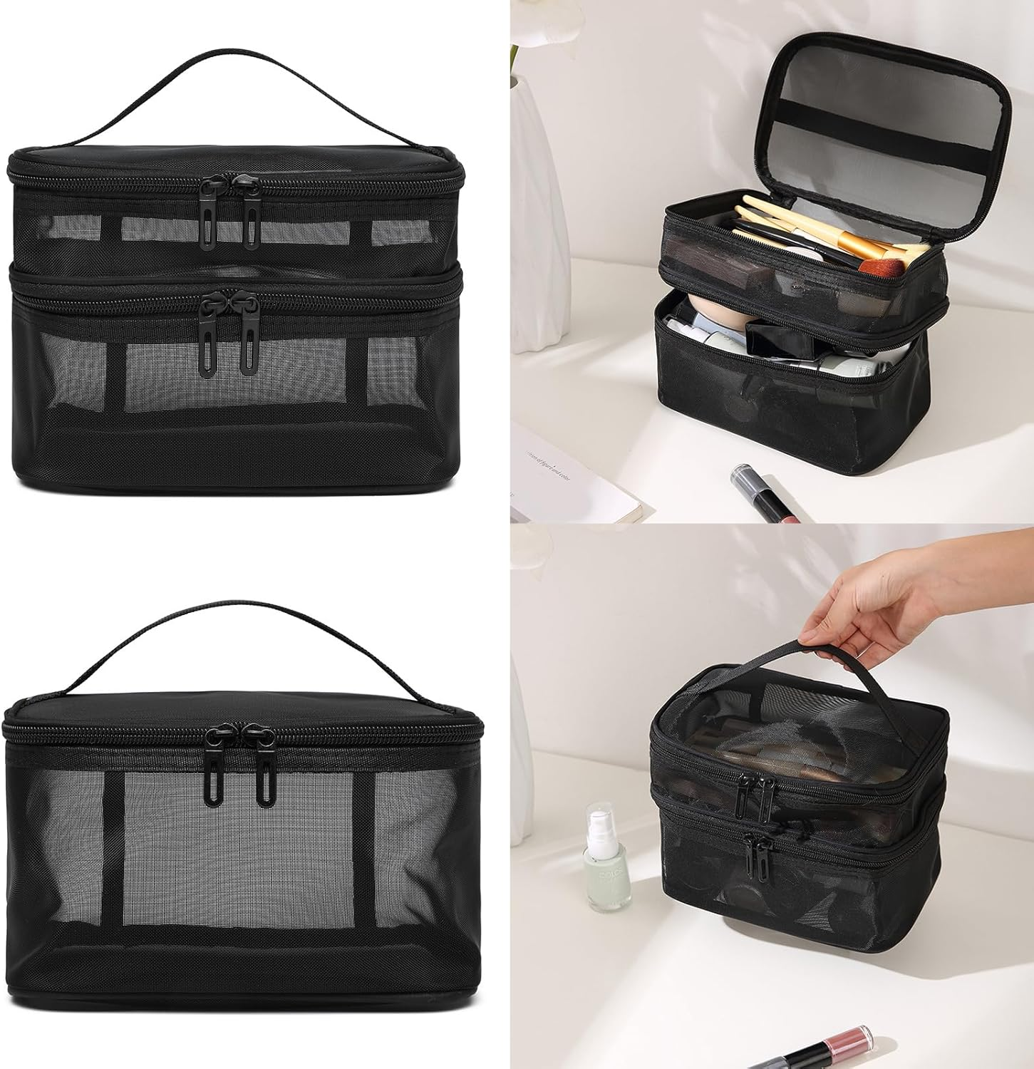 Makeup Bag Nylon Mesh Toiletry Bags Single/Double Layer Cosmetic Brush Organizer Pouch Waterproof Case for Personal Care Makeup Bag, Black, Single Layer image number 3