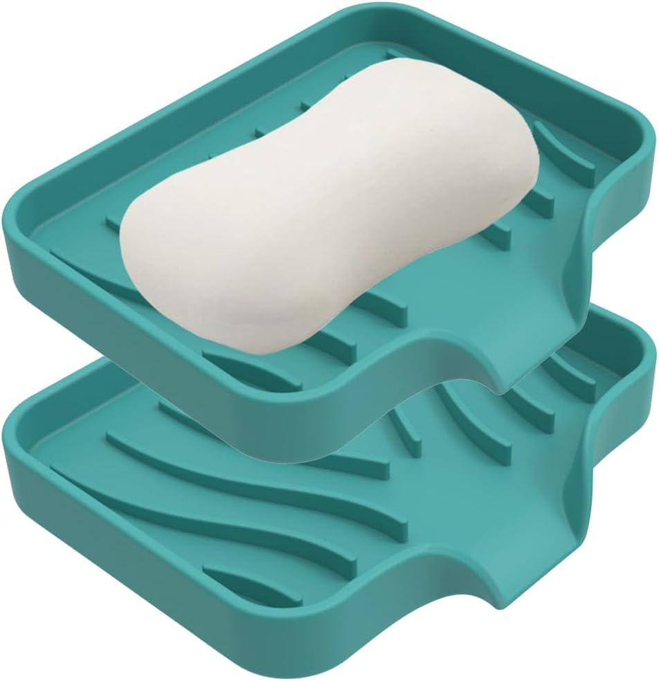 Vekol Soap Dishes with Drain Spout, 2PCS Silicone Soap Holder Waterfall Drainer Soap Saver, Sponge Holder, Dish Soap Tray for Shower, Bathroom, Kitchen, Bath Tub, Razor (Grey + Grey)