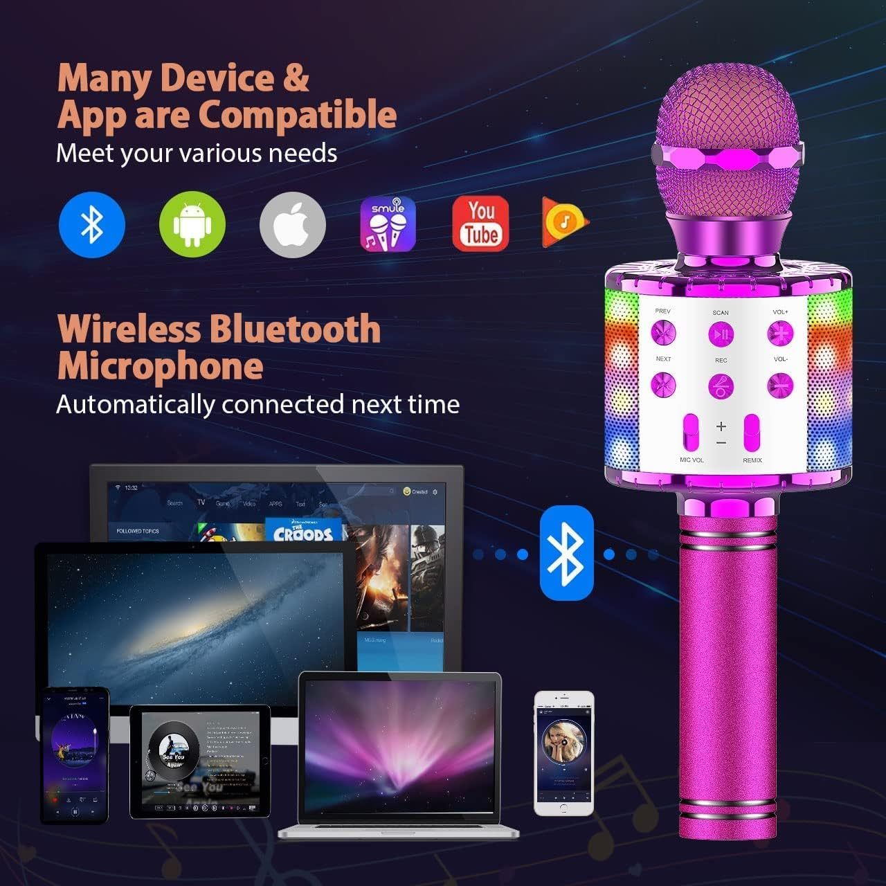 Karaoke Bluetooth Wireless Microphone, 5-In-1 Portable Handheld Karaoke Mic Speaker Player with Colorful LED Lights for Kids Adults Party, Home KTV Player, Compatible with Android & Ios Devices (Purple) image number 6