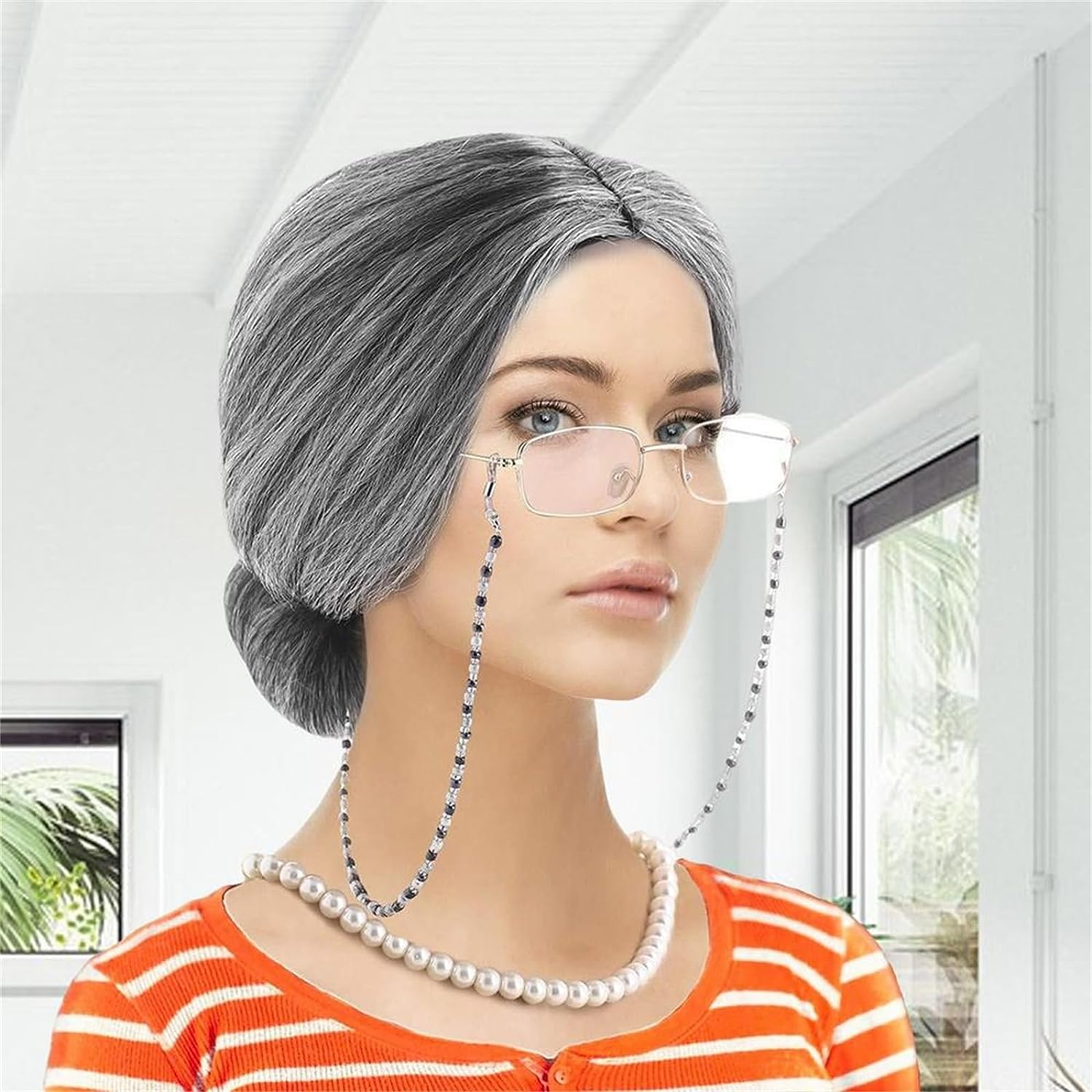 8 Pcs/Set Grandma Old Lady Dress up Set, Granny Costume Wig Adult Kid Halloween Masquerade Cosplay Party Witch Decoration Event (Dark Gray Bun) image number 2