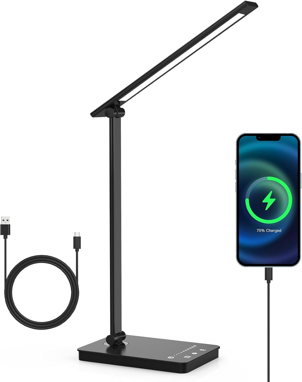 Aluminium Desk Lamp with LED Lighting, LED Desk Lamp with USB Charger Port, Built-In Timer,Foldable Table Lamp USB Plug, Eye Caring Reading Light for Office, Home, Dormitory Black image number 5