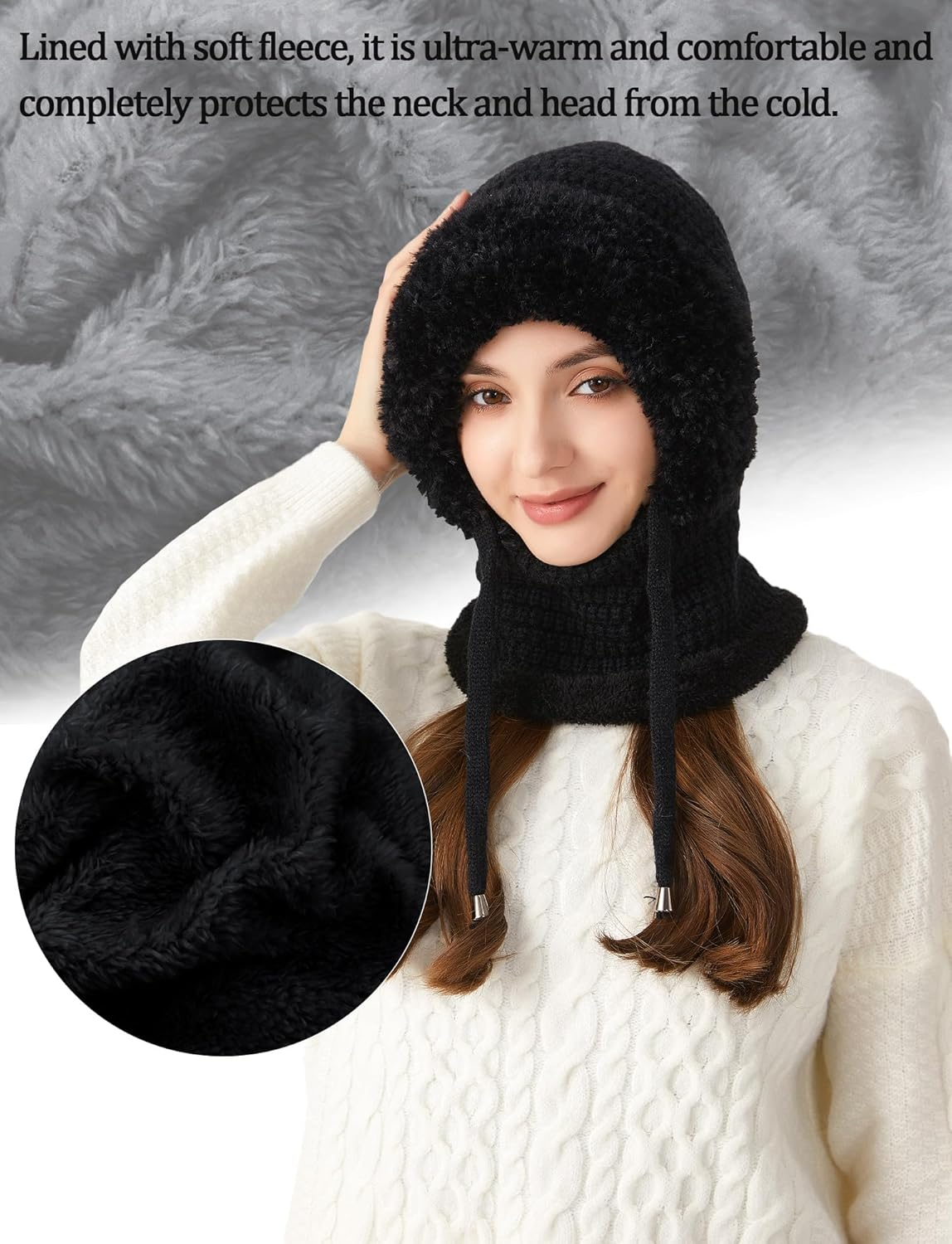 KEOYA Women'S Knit One-Piece Hat with Scarf Elastic Face Mask Fleece Balaclava with Drawstring Winter Warm Ski Beanie Cap image number 5
