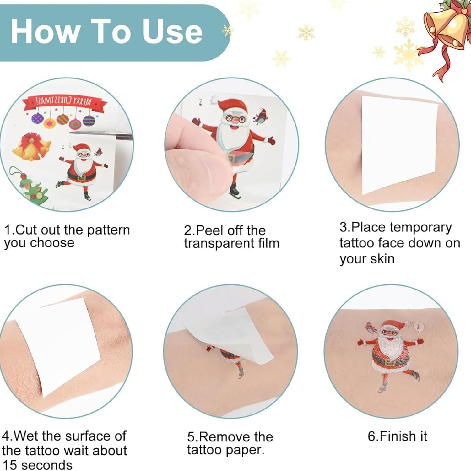 Itadaku 10 Sheets Christmas Temporary Tattoos, Waterproof Cute Tattoo Stickers for Body & Face, Holiday Party Favors, Goodie Bag Fillers for Boys & Girls image number 3