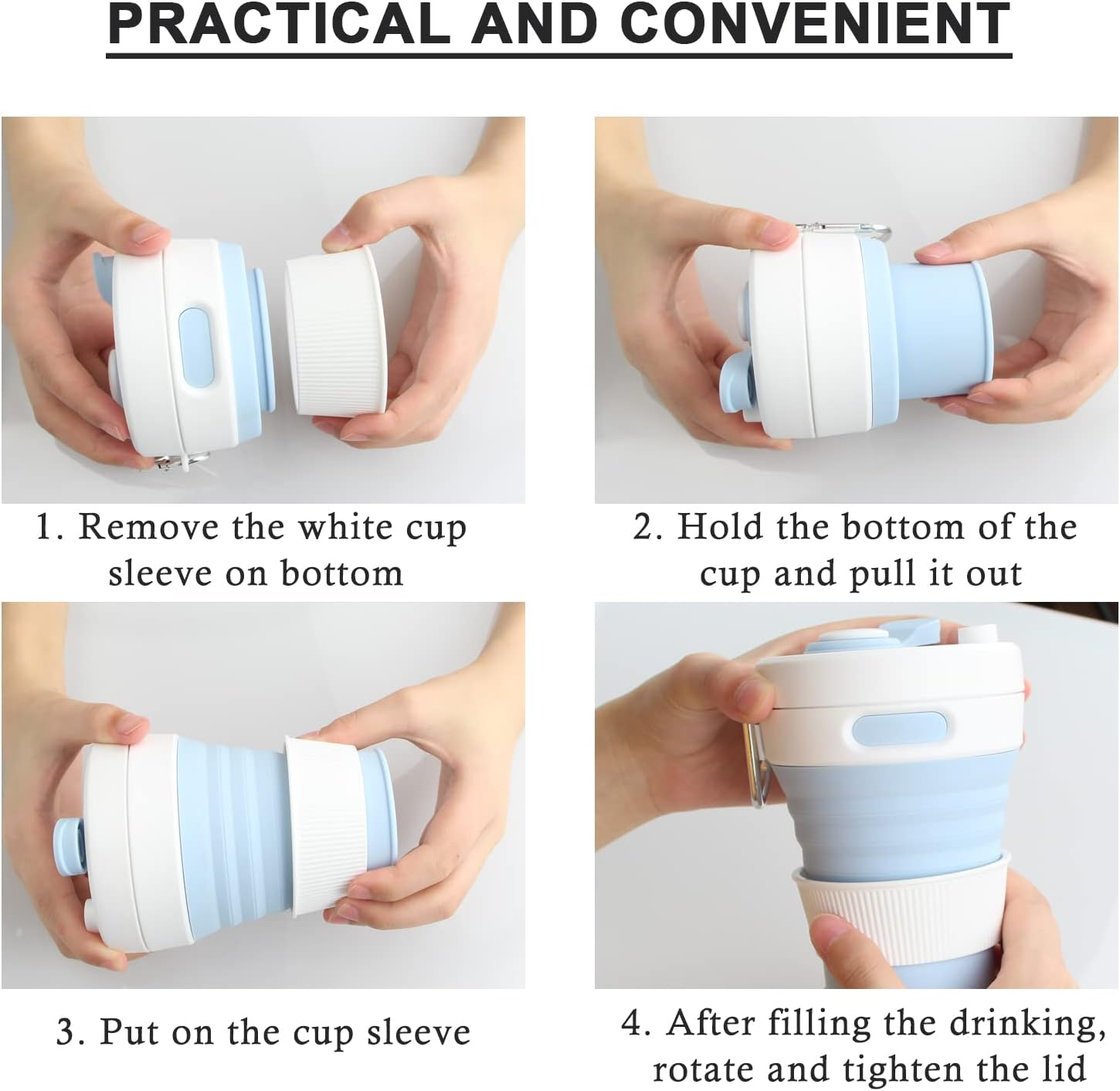 Silicone Coffee Mug Collapsible Cups for Camping Folding Travel with Straw Reusable Portable Drinking Cups Outdoor Hiking 450Ml (Black-450Ml, 1) - Black image number 3
