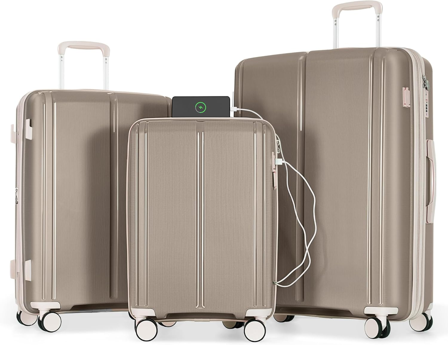 Eastvita 3 Pieces Luggage Set, Abs Hard Shell Expandable Spinner Luggage, 20/24/28 Expandable Suitcase with Usb Port, Carry on Luggage Airline Approved with Spinner Wheels for Travel, Brown2, Carry-On image number 3