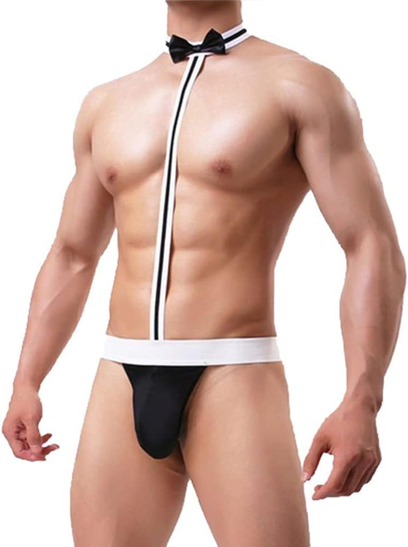 Men'S Sexy Bow Tie Bodysuit Thong Waiter Cosplay Costume, Mankini Beach Swimwear Suspender Thong Elastic G-String Butler Borat Underwear image number 5