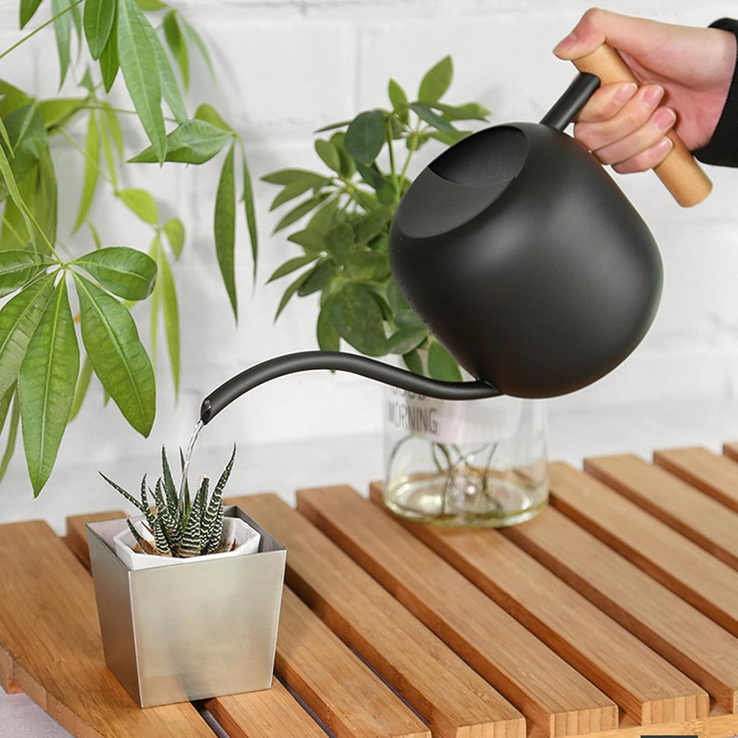 ​Watering Can for Indoor Plants, 1.2L Small Metal Stainless Steel Watering Can with Long Spout and Wooden Handle Modern Semi Open Top Watering Pot for Indoor Bonsai Plants Garden image number 4