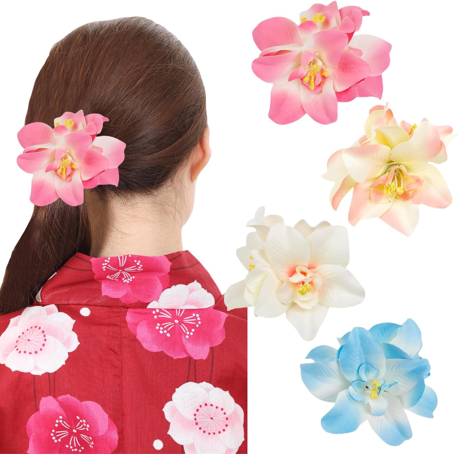 Charmburst Pack of 4 Hawaiian Flower Hair Clips, Artificial Tropical Hair Clips, Hibiscus Comb Clips, Beach Holiday, Party, Boho Hair Accessories image number 5