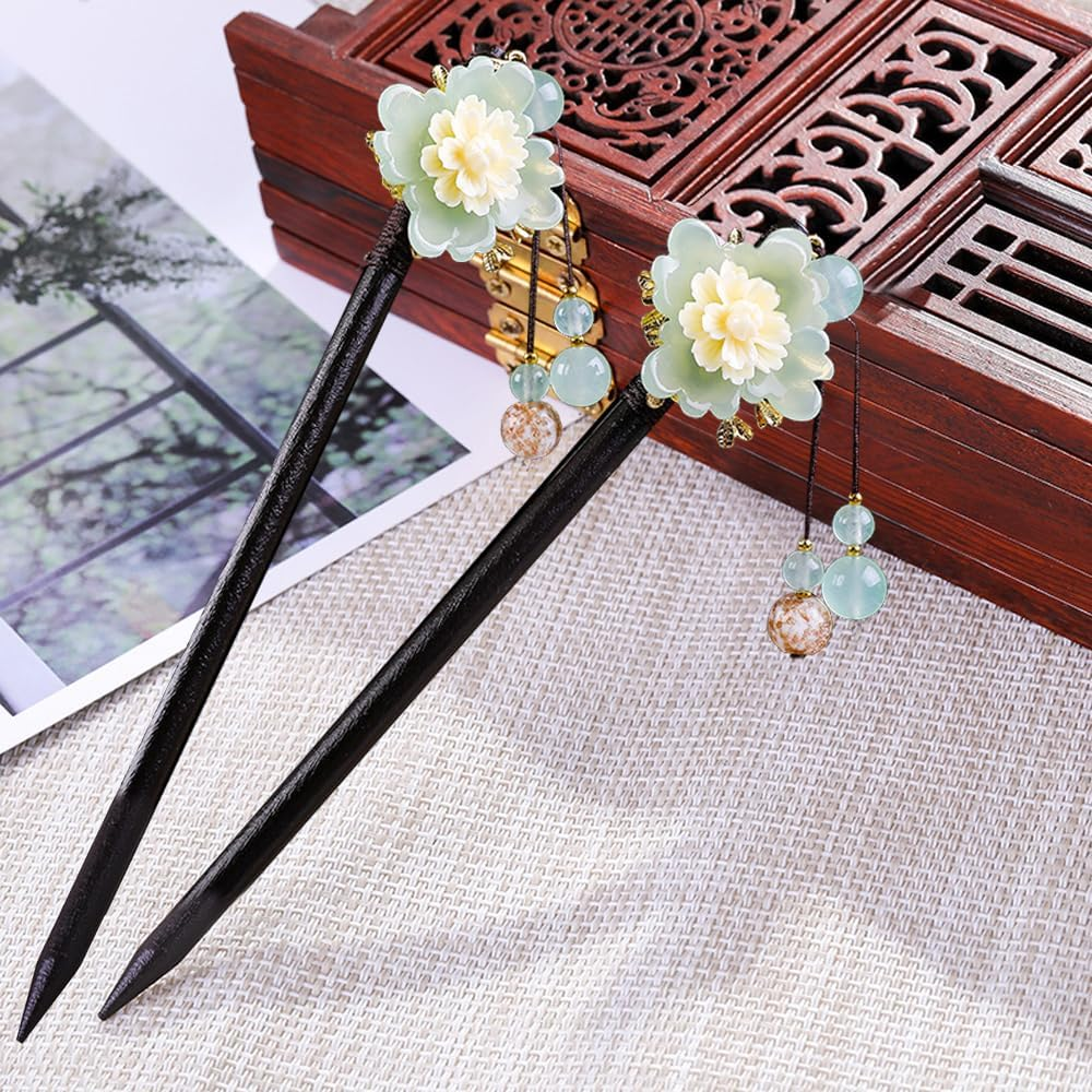 2 Pcs Wooden Chinese Hair Sticks for Long Hair, Vintage Retro Hair Chopsticks for Women Bun, Elegant Flower Tassel Chinese Hair Pins Chignon image number 3