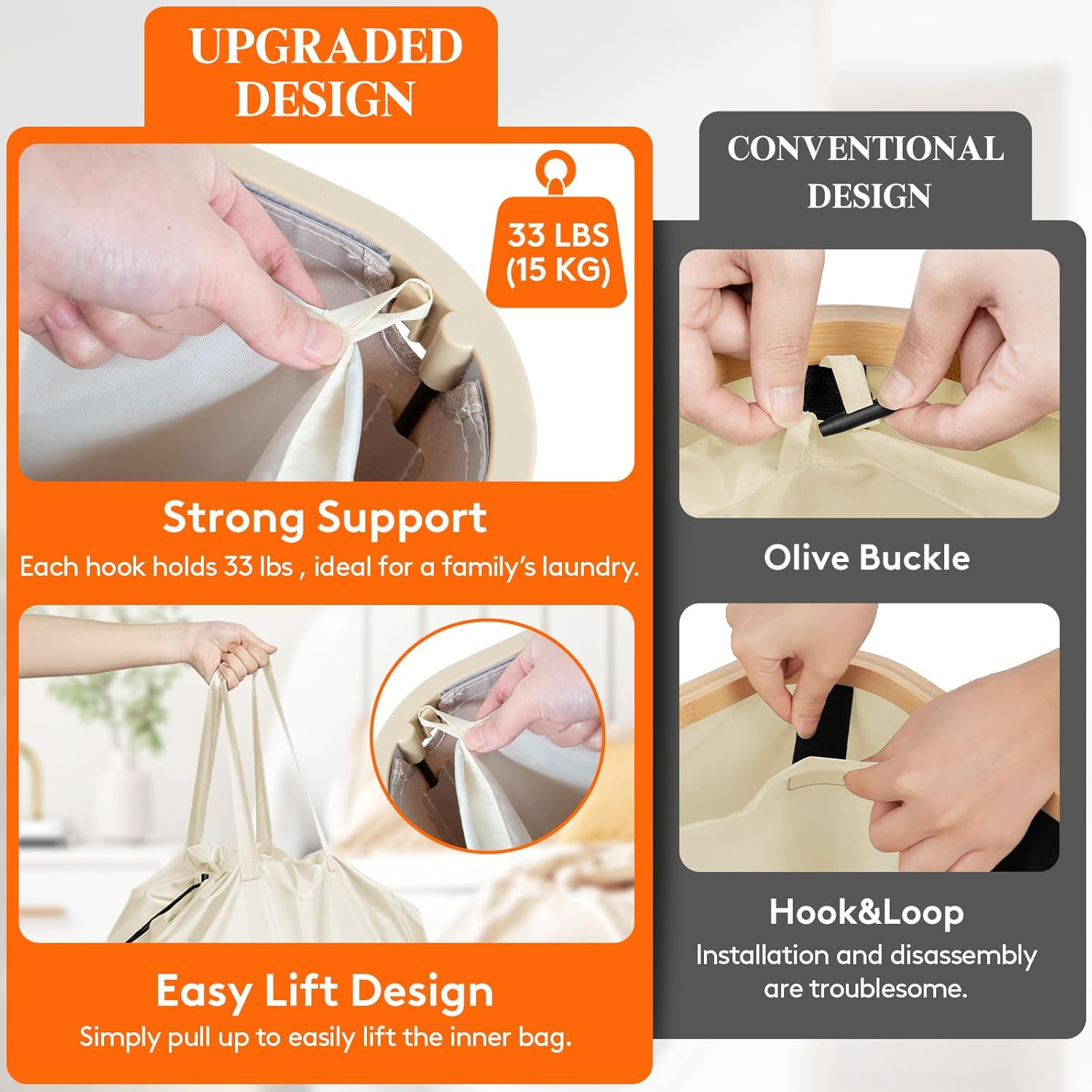 Lifewit 100L Plastic Laundry Hamper with Lid, Foldable Laundry Basket with Removable Bag and Lid, Large Tall Dirty Clothes Hamper for Laundry Room, Bathroom, Bedroom, Dorm, Beige image number 3