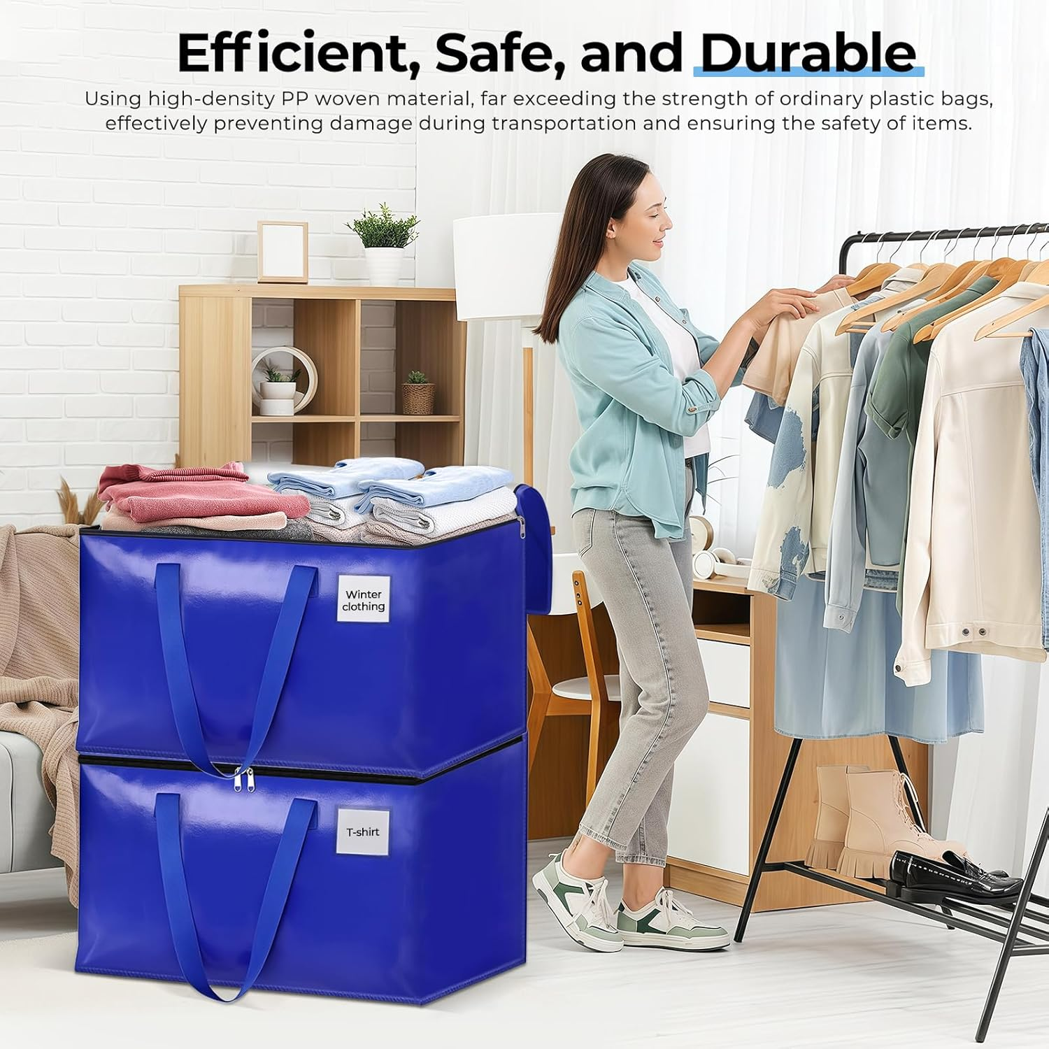 Focenat 93L Large Woven Storage Bag, Pack of 6 Moving Bags with Handles and Zips, Waterproof Transport Bag, Moving Bags for Moving Duvets, Clothes Storage (Blue) image number 6