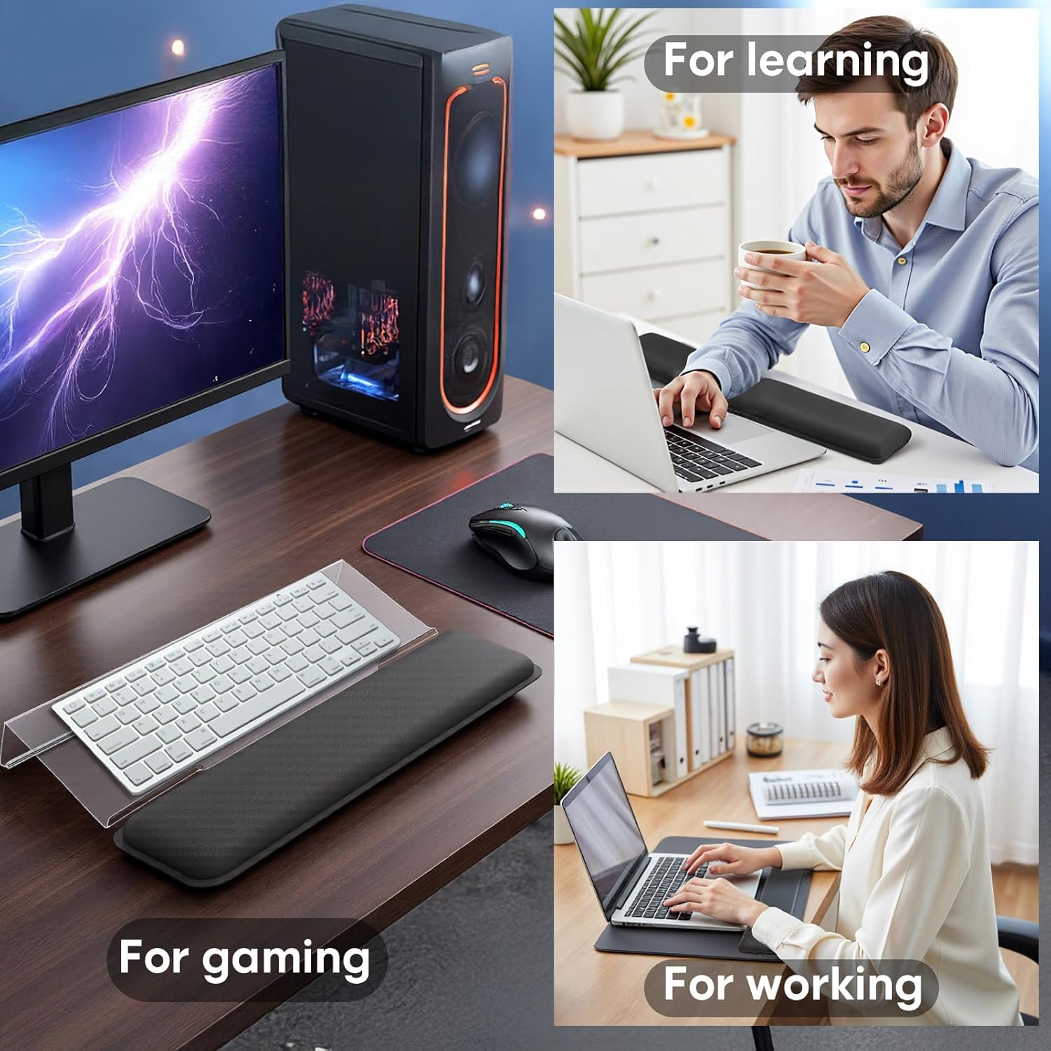 NNAKLLI Computer Keyboard Stand with Wrist Rest and Mouse Pad - Ergonomic Keyboard Wrist Rest with Anti-Slip Base, Great for Office Desk, Home, School (Transparent) - Black image number 7