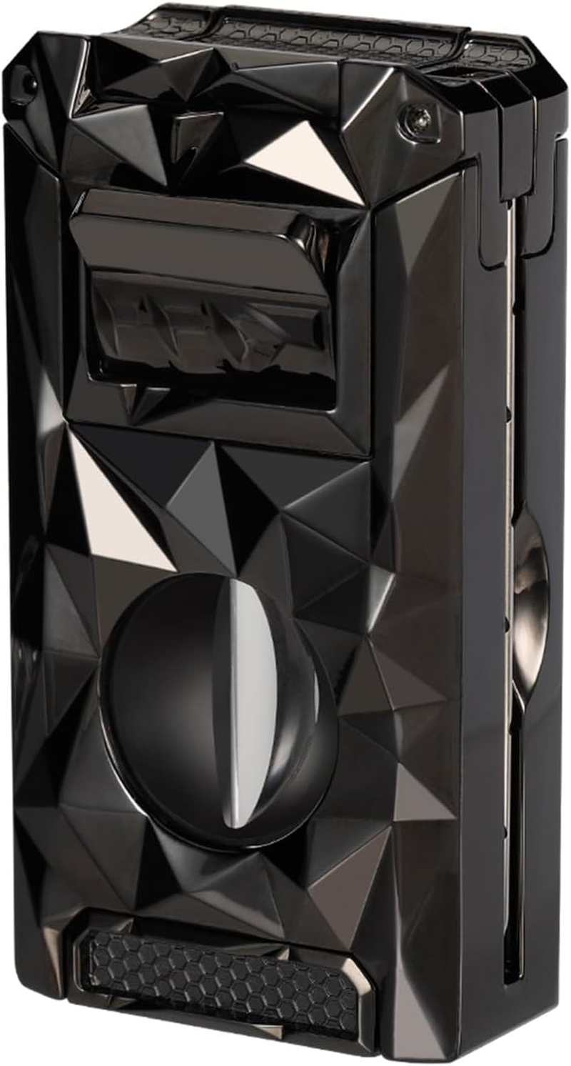 Torch Lighter with Windproof Jet Flame, Built-In V Cutter & Needle, Refillable Butane Gas Metal Lighter, Multifunctional All-In-One Pocket Lighters for Candles Men Gifts (Without Gas) (Black)