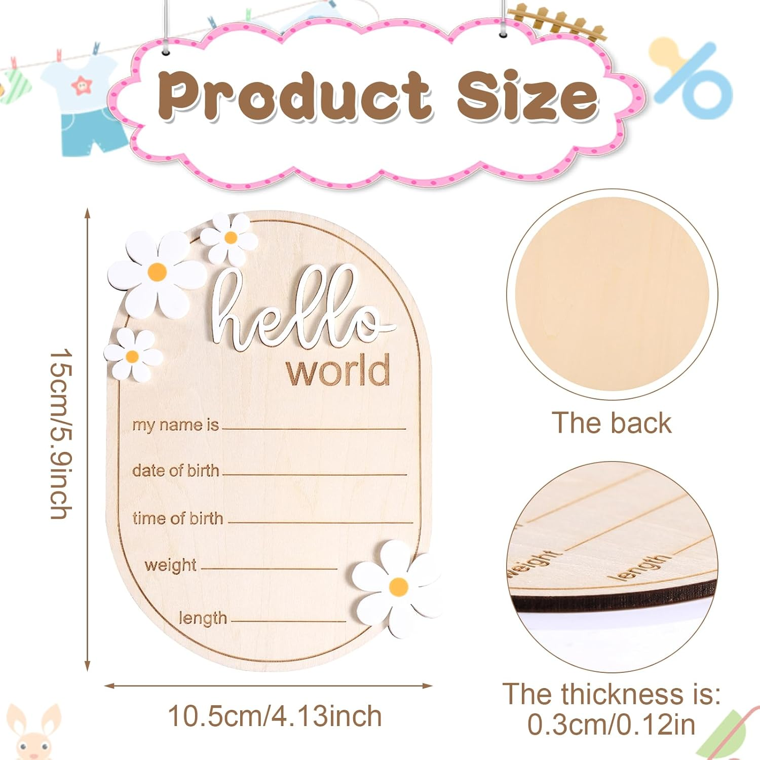 Baby Announcement Sign, 5.91X4.13 Inch Wooden Newborn Announcement Sign Hello World Newborn Sign Baby Name Sign Birth Announcement Sign for Hospital Nursery image number 3