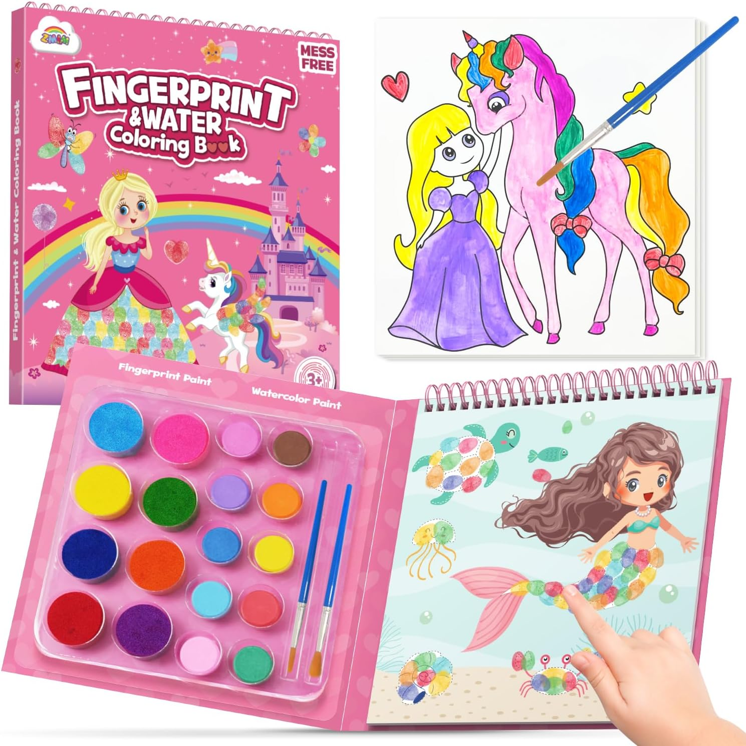 ZMLM Fingerprint Water Coloring Book for Kids - Mess Free Watercolor Paint Activity Kit for Toddler Ages 4 5 6 7 8-Magic Finger Painting Set Arts Crafts Toy for Girls Travel Birthday Gift image number 6