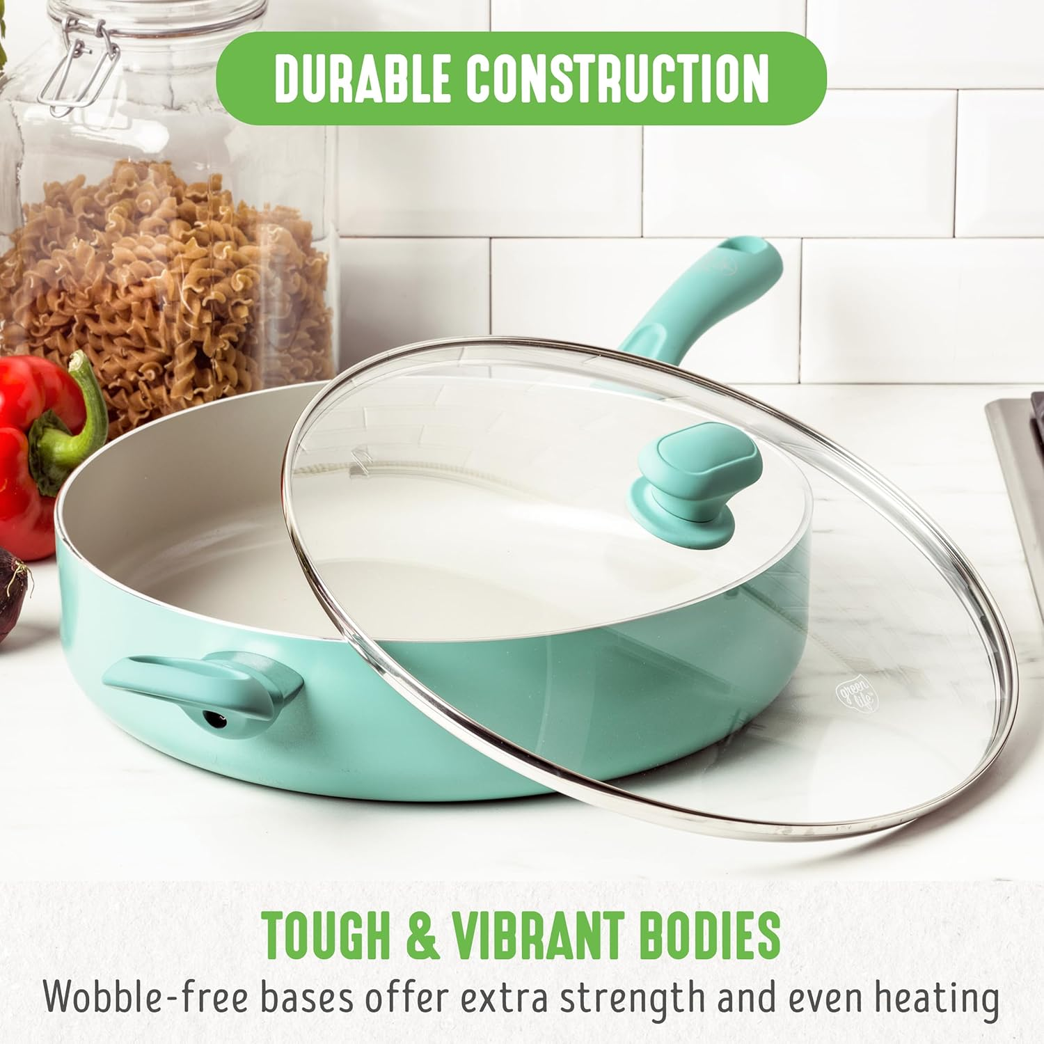 Greenlife Soft Grip Diamond Healthy Ceramic Nonstick, 5QT Saute Pan Jumbo Cooker with Helper Handle and Lid, Pfas-Free, Dishwasher Safe, Turquoise - Pink image number 3
