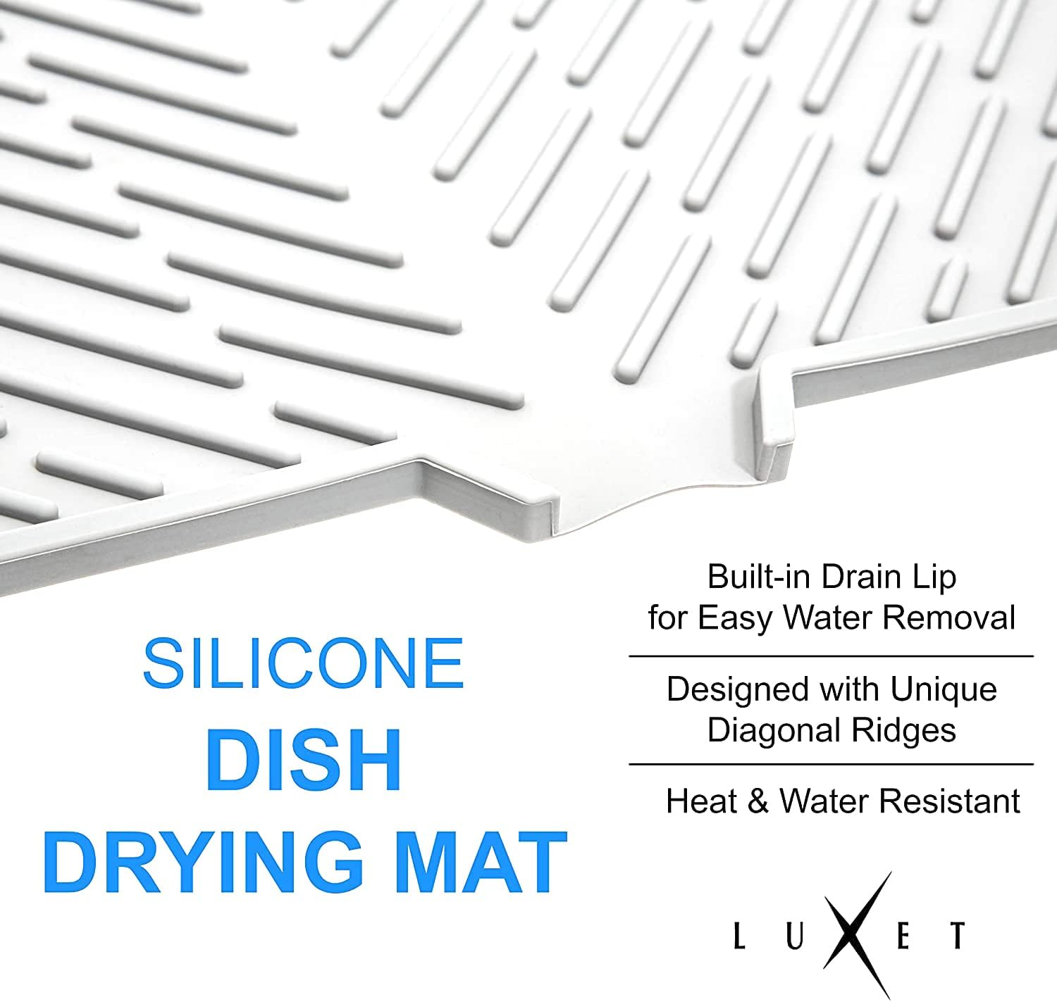 Luxet Silicone Dish Drying Mat with Built-In Drain Lip - Hygienic Drying Pad - Sturdy Compact Easy to Clean Tray Protects Surfaces Prevents Water Build up - 23 X 17 (White) image number 2