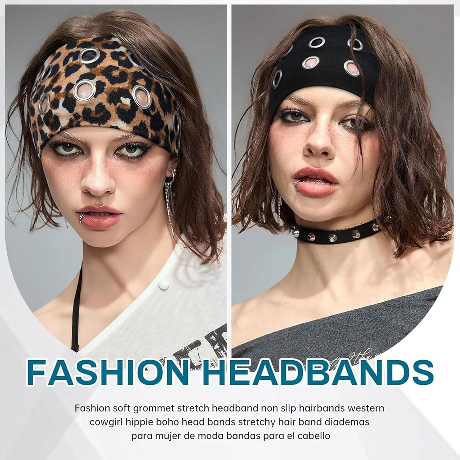 Muorruo 3 Pack Fashion Wide Headbands with Eyelets for Women, Elastic Headbands with Leopard Print and Hollow Out Eyelets | Stretchy Hair Accessories for Girls in Y2K Style image number 6