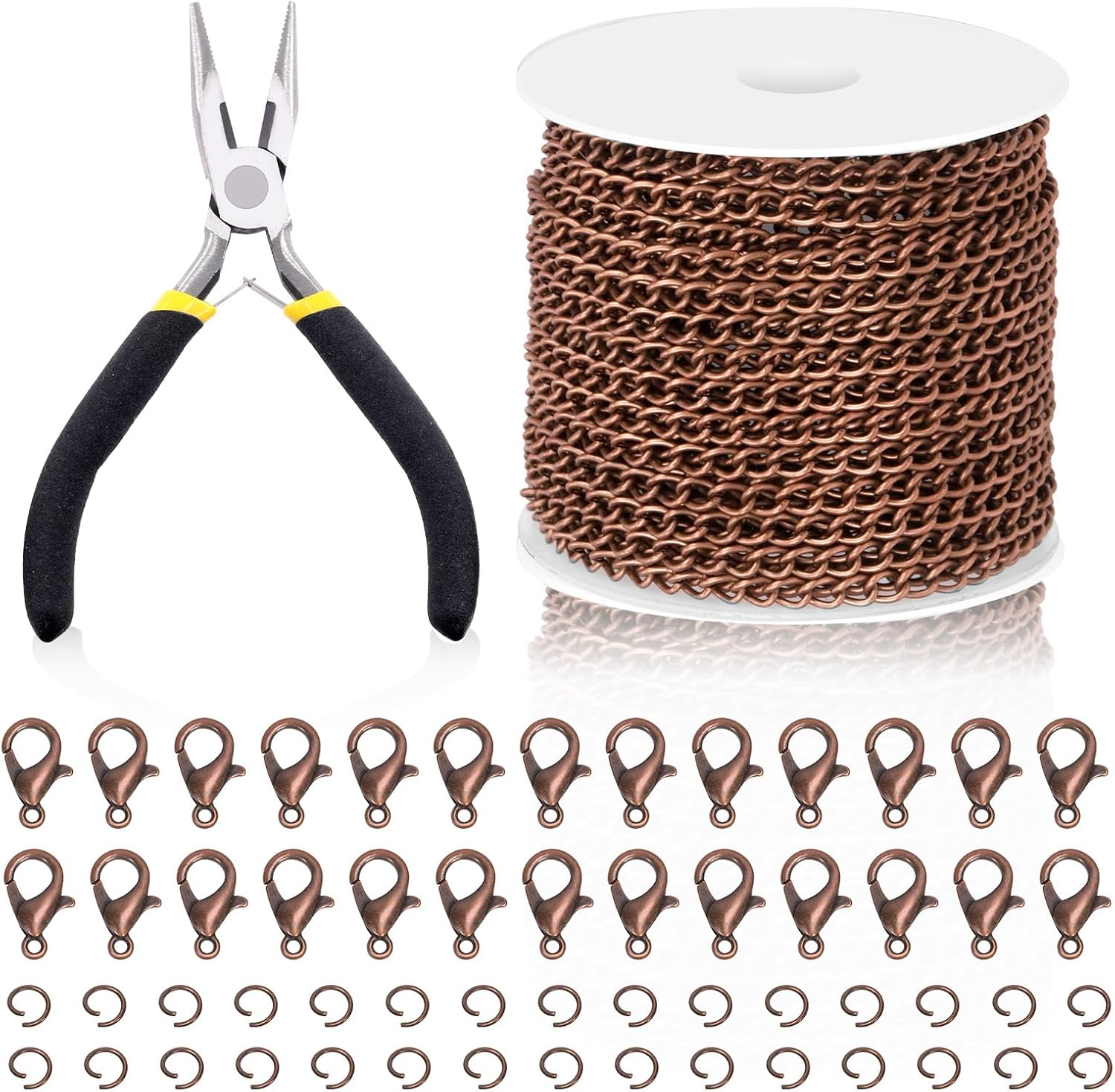 Swpeet 102Pcs Red Bronze 3Mm by 10 Yard Length Jewelry Making Chains Kit with Jump Rings, Lobster Clasps and Jewelry Plier, Necklace Chains Flat Cable Link Chain Bulk Ideal for DIY Craft Jewel Making - Black image number 4