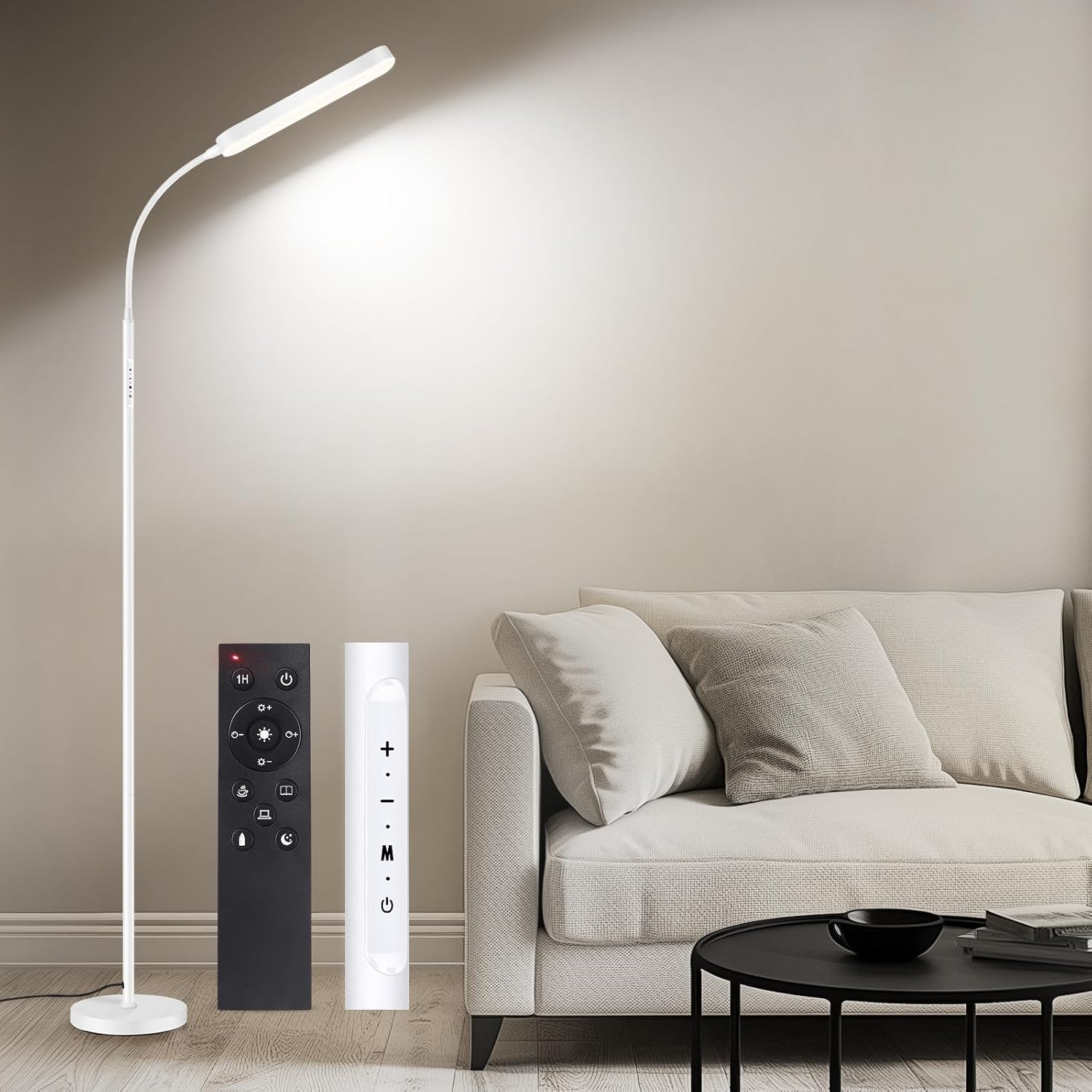 OUTON LED Floor Lamp, 15W 1500LM Dimmable Reading Lighting with 360&deg;Rotatable Neck, 4 Colour Temperatures, Remote & Touch Control, 1H Timer Tall Standing Lamp for Living Room Bedroom Office, Black