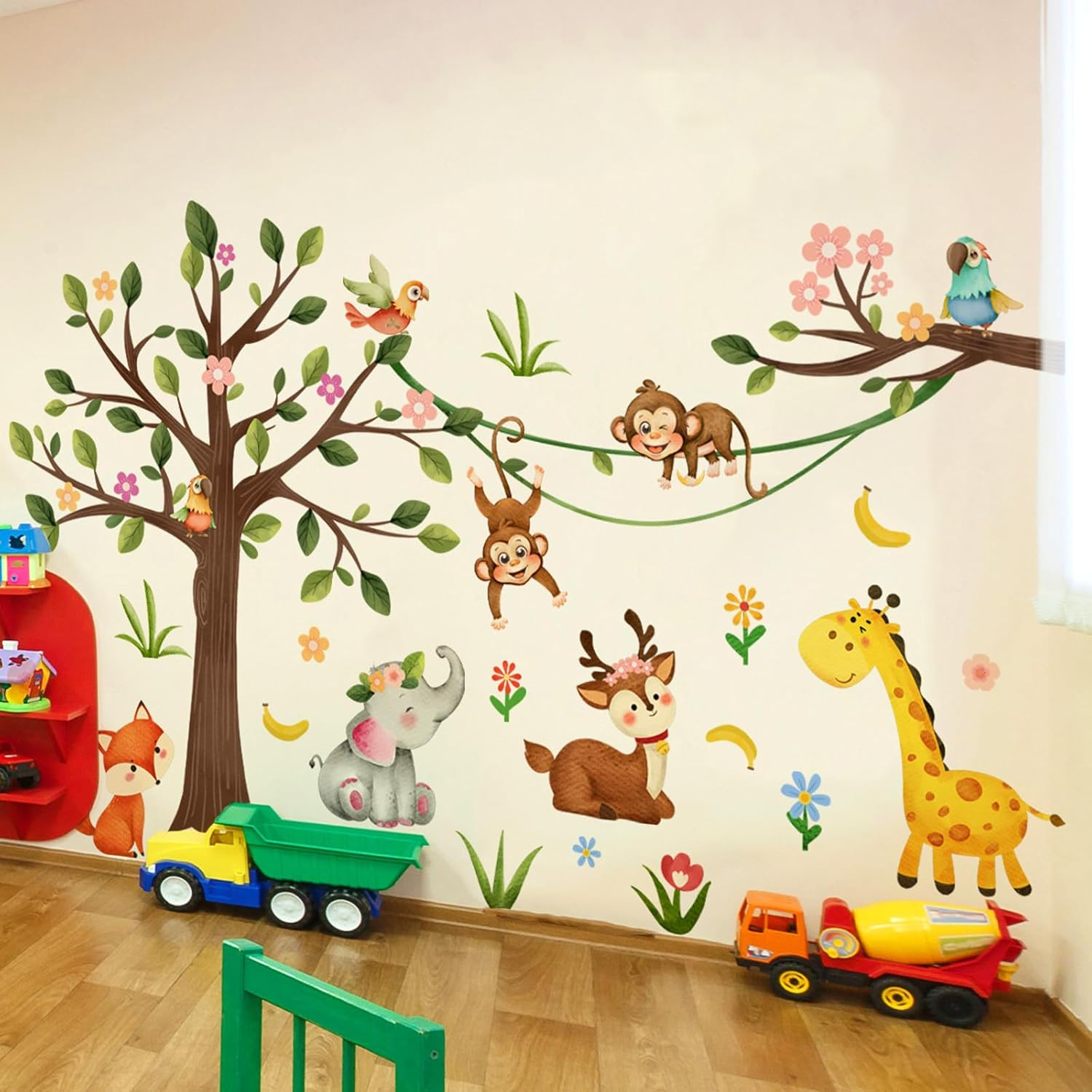 Buziba Wall Stickers Jungle Forest Animals Woodland Tree Monkey Elephant Giraffe Wall Decals Nursery Bedroom Living Room Wall Decoration