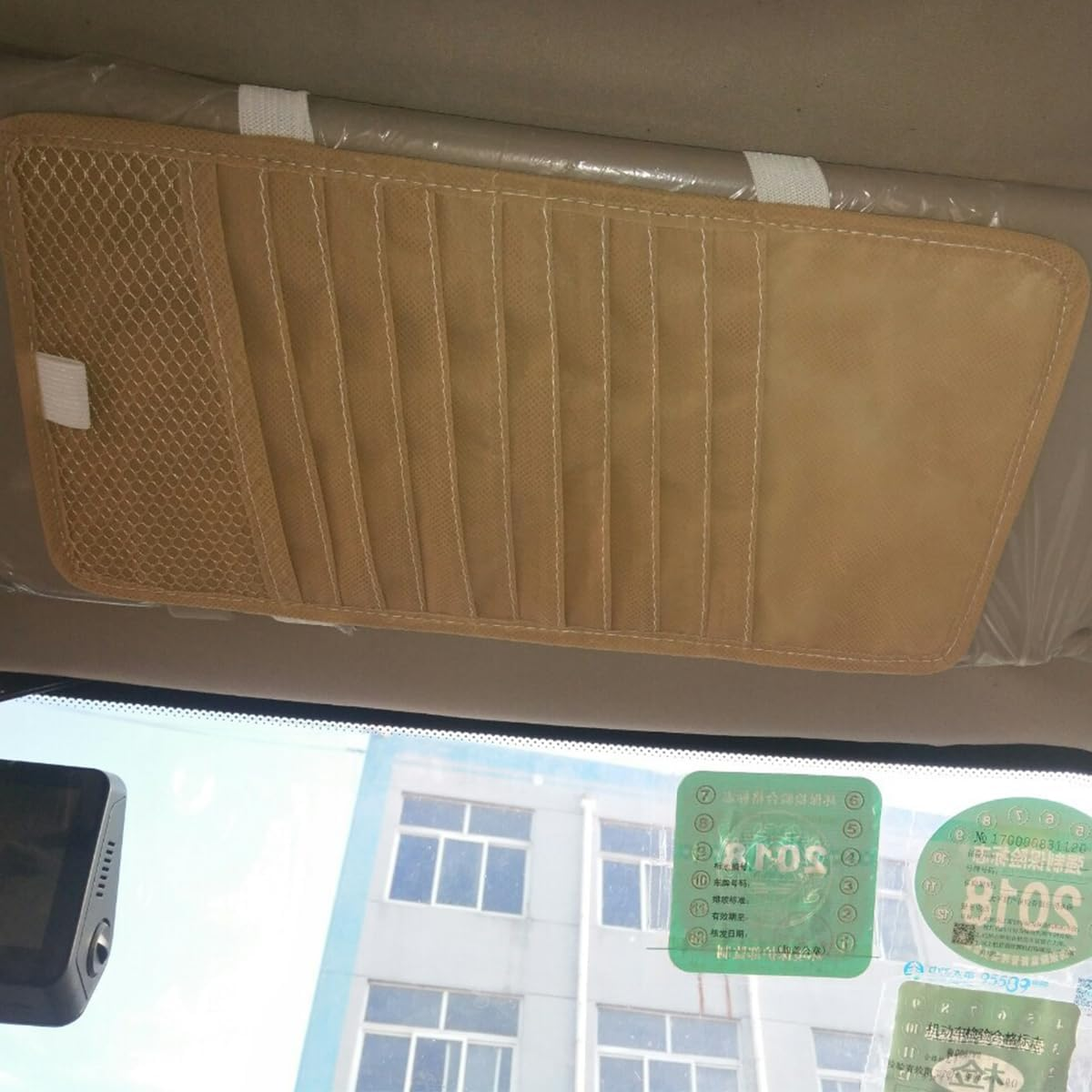 Car CD Holder Storage Case,Cd Case Holder for Car,Khaki Large Capacity CD Visor Case,Car Truck SUV Visor Organizer with 10 DVD Storage Sleeves 1 Mesh Pocket 1 Pen Holder Elastic Strap image number 2