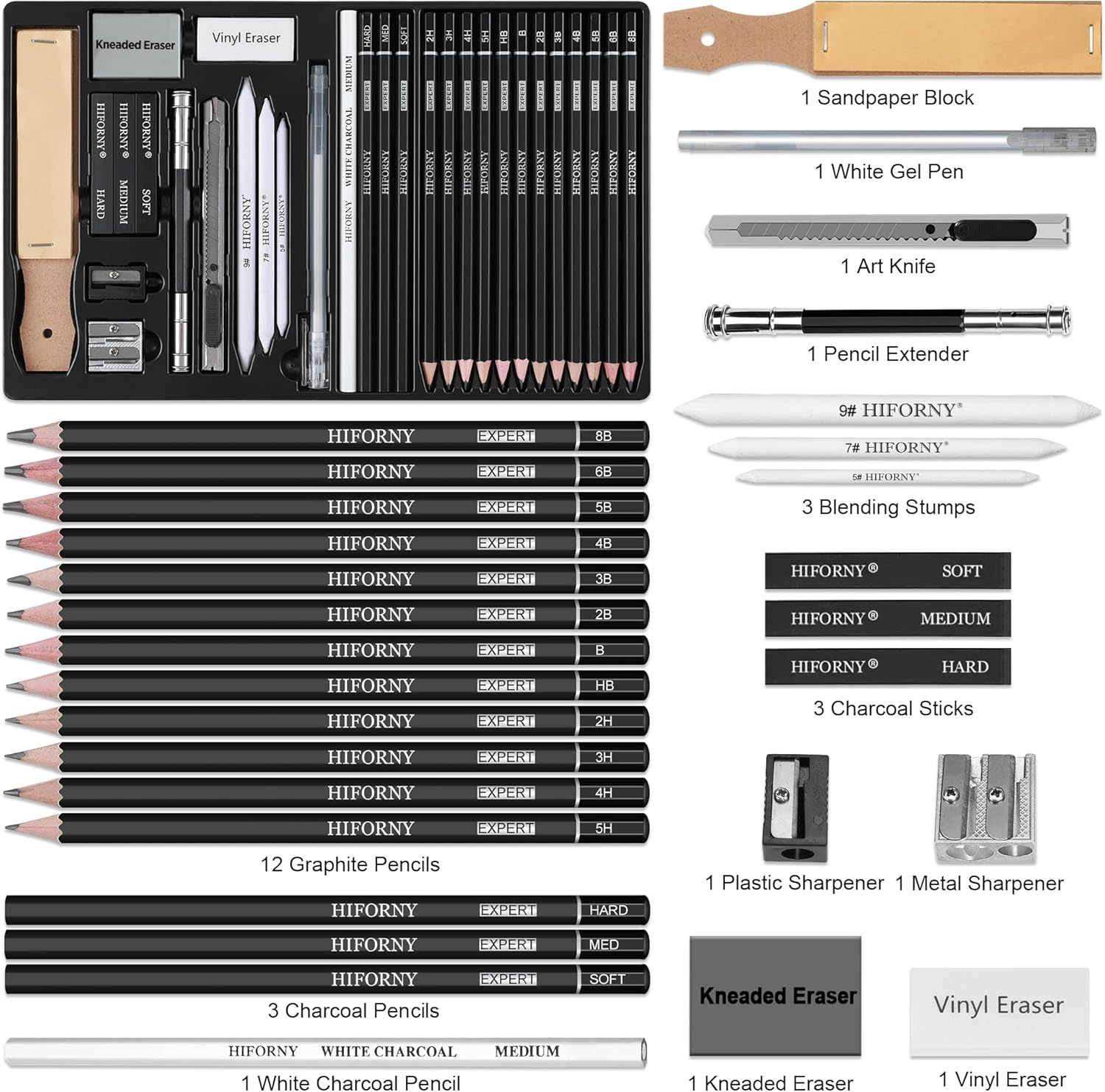 HIFORNY 30 PCS Sketching Drawing Pencil Set,Sketch Pencils Art Supplies with Graphite,Charcoal,Blending Tools,Accessories,Drawing Kit for Adults Artists image number 4