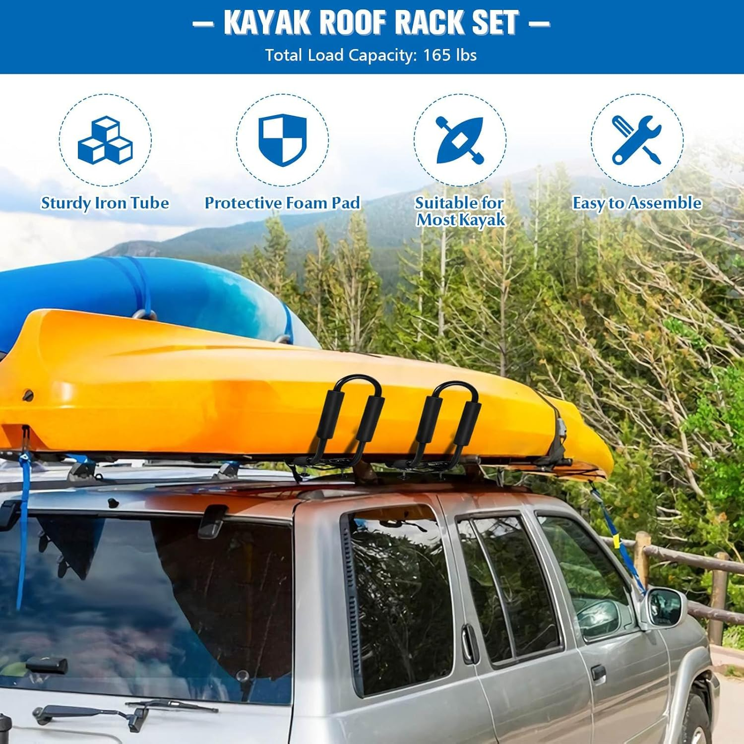 Costway Set of 4 U-Bar Kayak Racks with Bandage, Kayak Roof Rack with Easy Installation, Car Roof Rack for Kayaks, Surfboards, Black image number 3