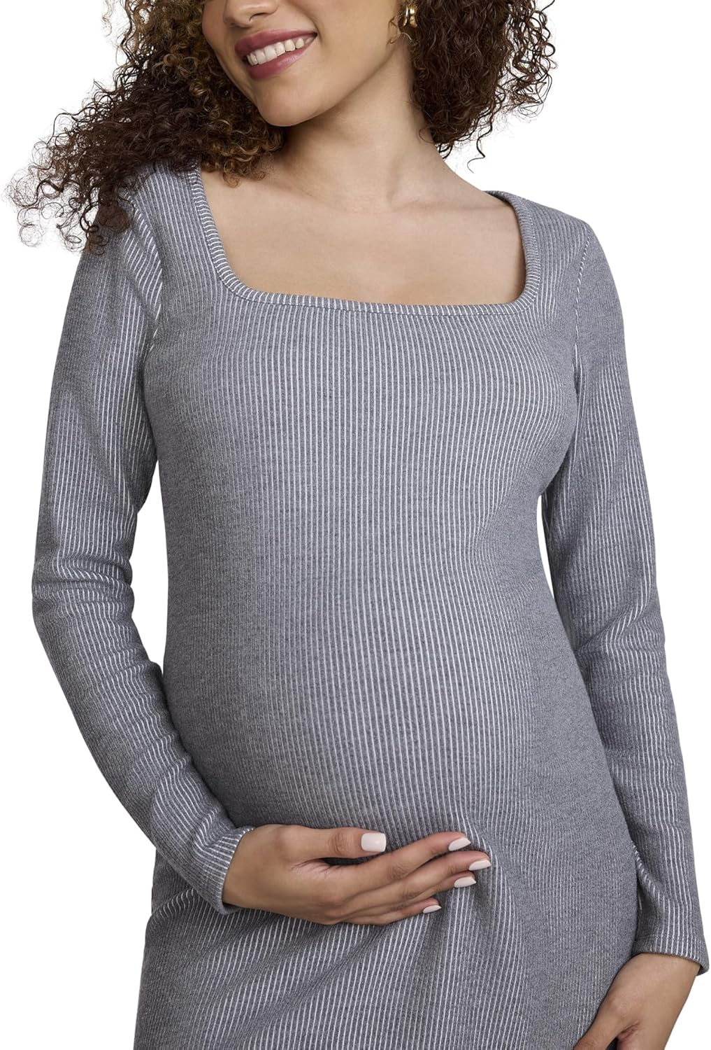 Motherhood Maternity Women'S Long Sleeve Ribbed Square Neck Bodycon Casual Pregnancy Dress image number 4