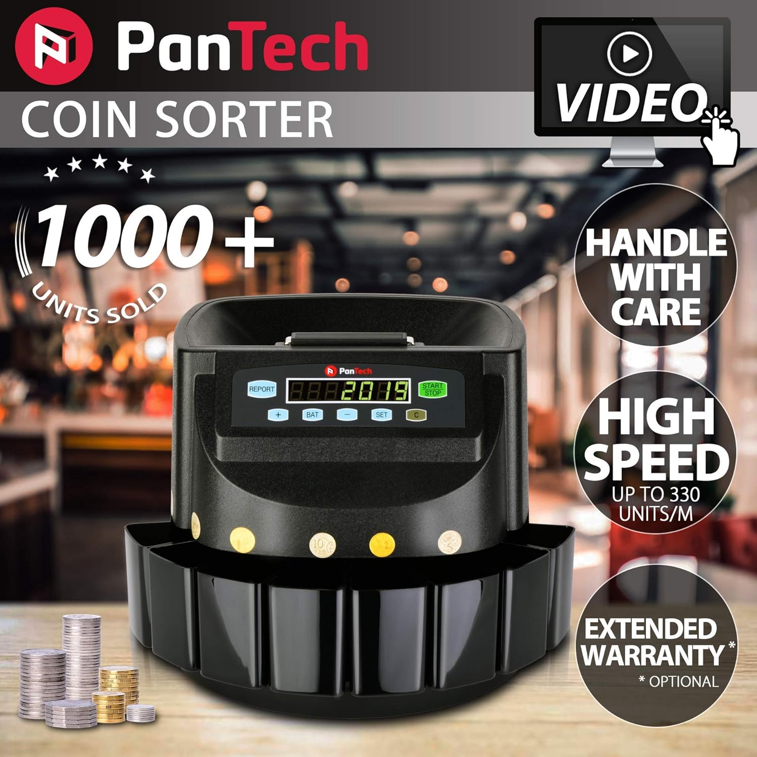 Pantech Australian Coin Counter-Money Coin Counting Machine - High-Speed Coin Sorter, up to 330 Units/Min &ndash; Black Color - LCD Display, Anti-Jam Function, Large Capacity Hopper image number 2