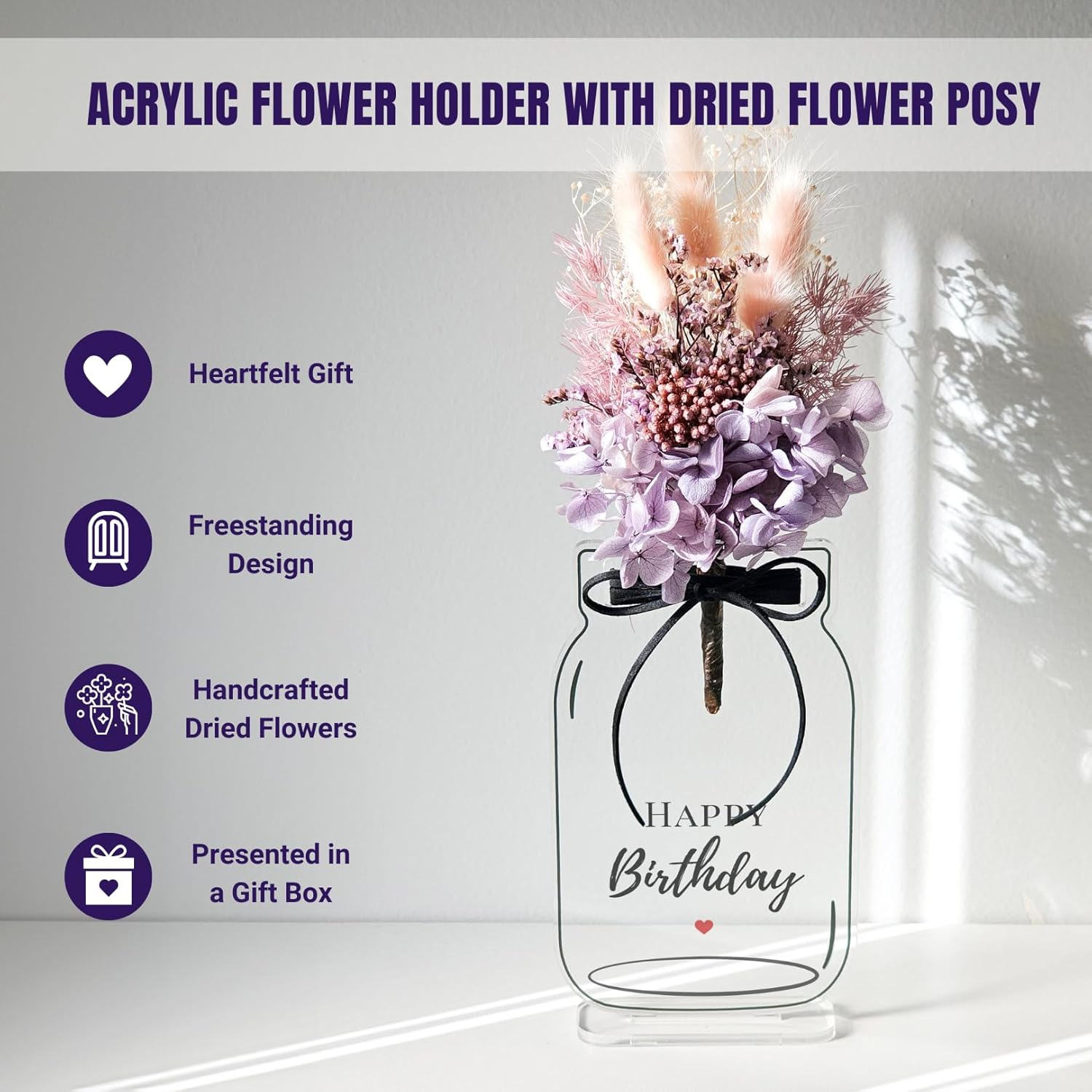 Acrylic Flower Holder Plaque with Real Dried Flowers &ndash; Handmade Gift Keepsake, Freestanding Mason Jar Design (Happy Birthday) image number 1