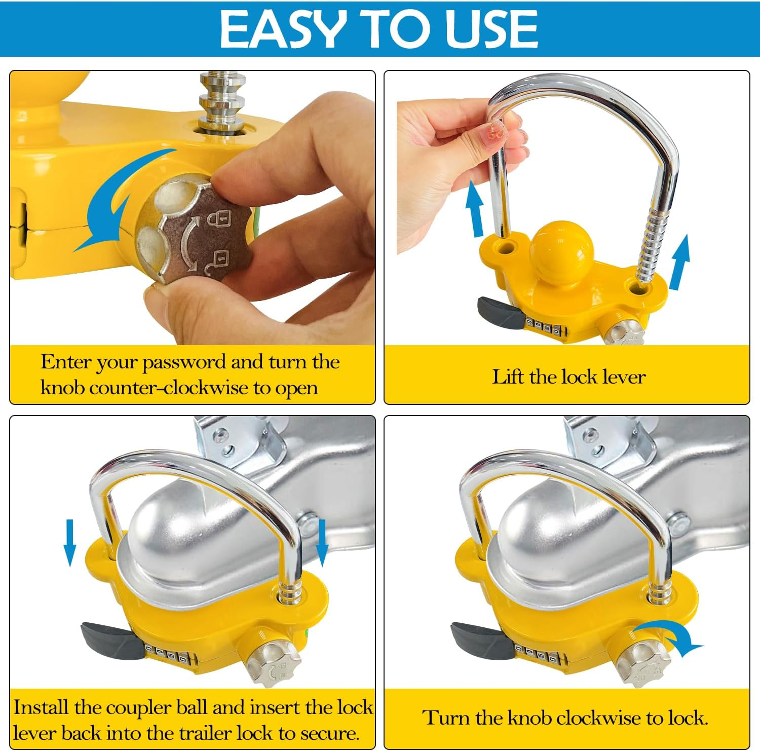 Sutekus Trailer Lock Universal Hitch Lock with Combination Lock Trailer Coupler Lock Camper Accessories for Travel Trailers Boats Trucks Rvs, Fit 1-7/8", 2", 2-5/16" Coupler, Yellow image number 2