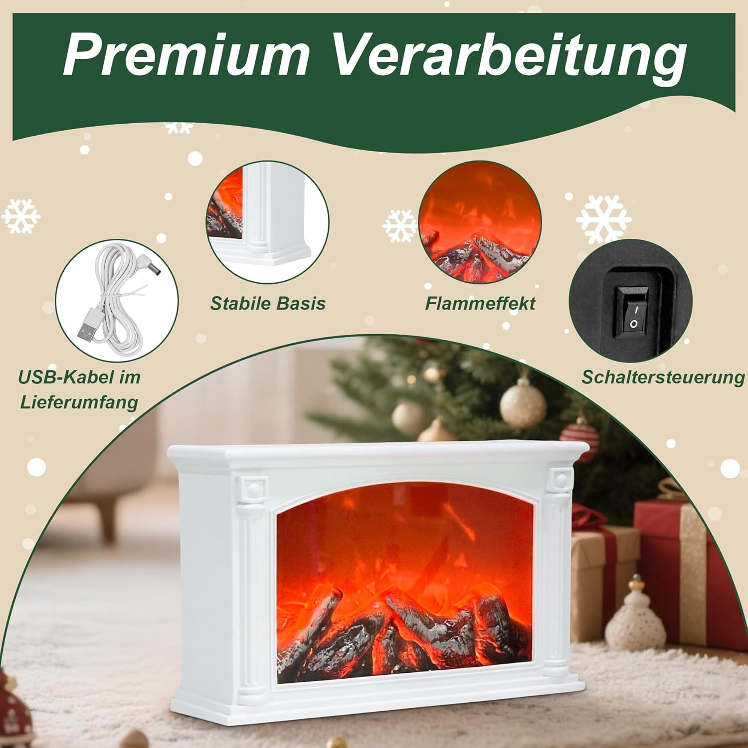 LED Fireplace, Fireplace Lamp with Button Switch, Electric Fireplaces with Flame Effect, USB and Battery Operated Fireplace Simulation Table Fireplace Ornament Home (White) image number 4