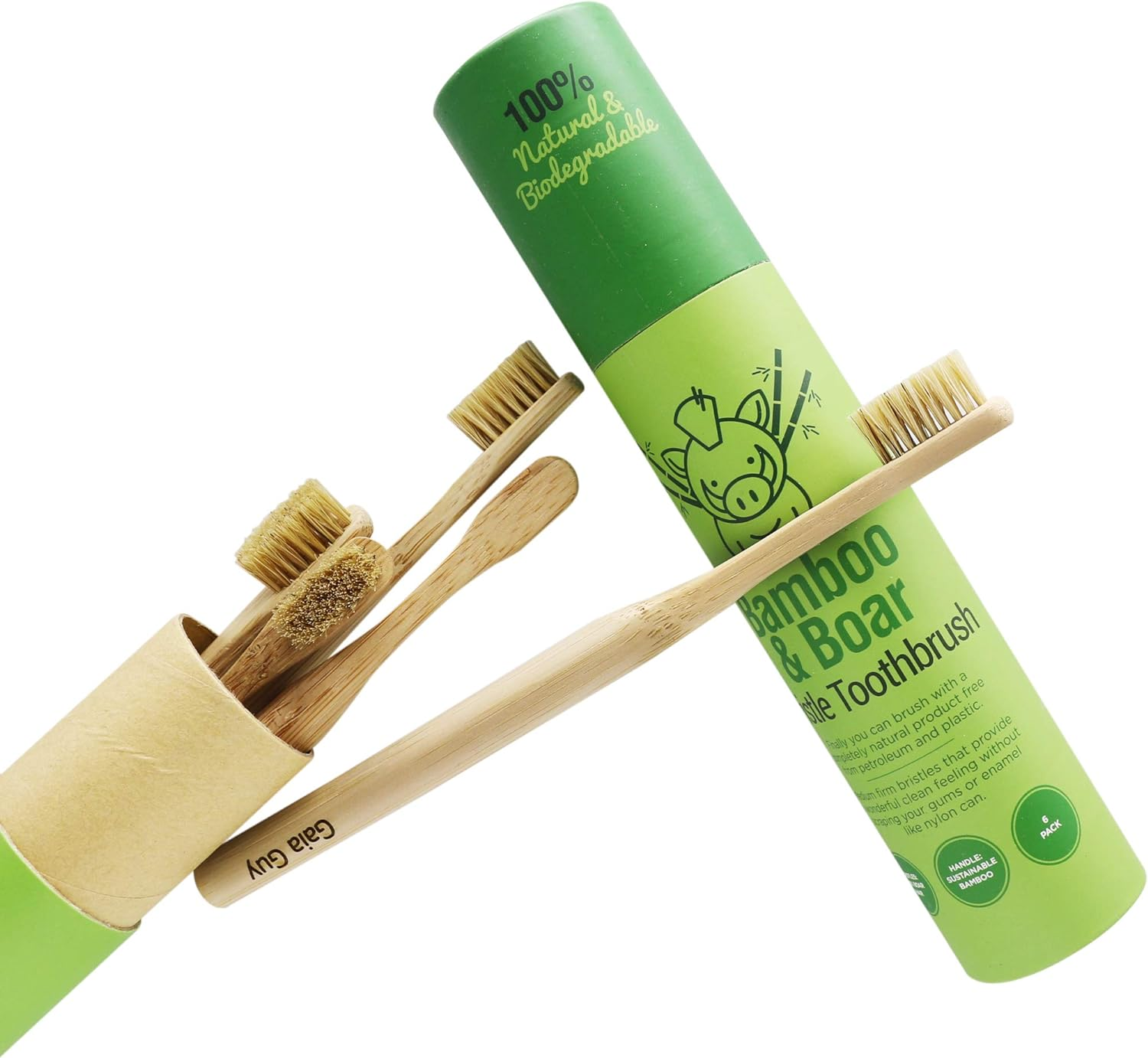 Gaia Guy Natural Bristle Bamboo Toothbrush (NO Nylon - Boar Hair ONLY) - Totally Compostable & Biodegradable Boar Bristle and Bamboo Toothbrushes - Zero Waste - 6-Pack image number 3