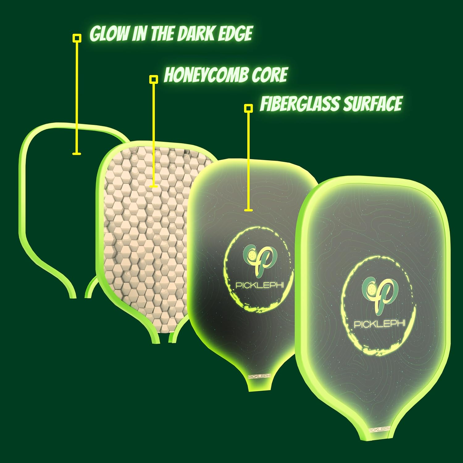Picklephi Pickleball Paddles Set of 2 | Glow in the Dark Pickleball Paddle and Balls | Pickle Ball Rackets 2 Pack | USAPA Fiberglass Pickleball Sets | Cute Pickleball Paddles Gifts for Women Men image number 2